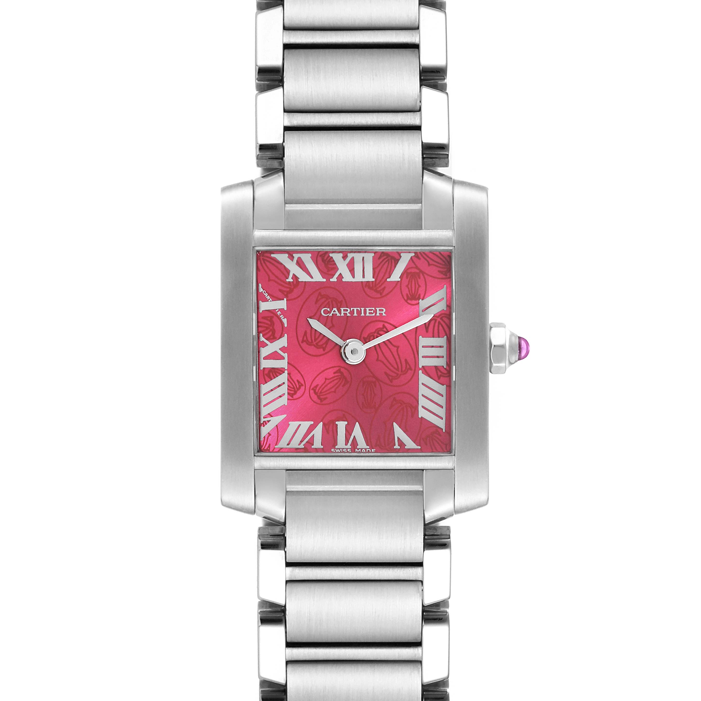 This image shows a front view of a Cartier Tank Francaise W51030Q3 Women's Stainless Steel Pink Dial W51030Q3 Women's Stainless Steel Pink Dial watch, highlighting its pink dial, silver Roman numerals, and metal bracelet.