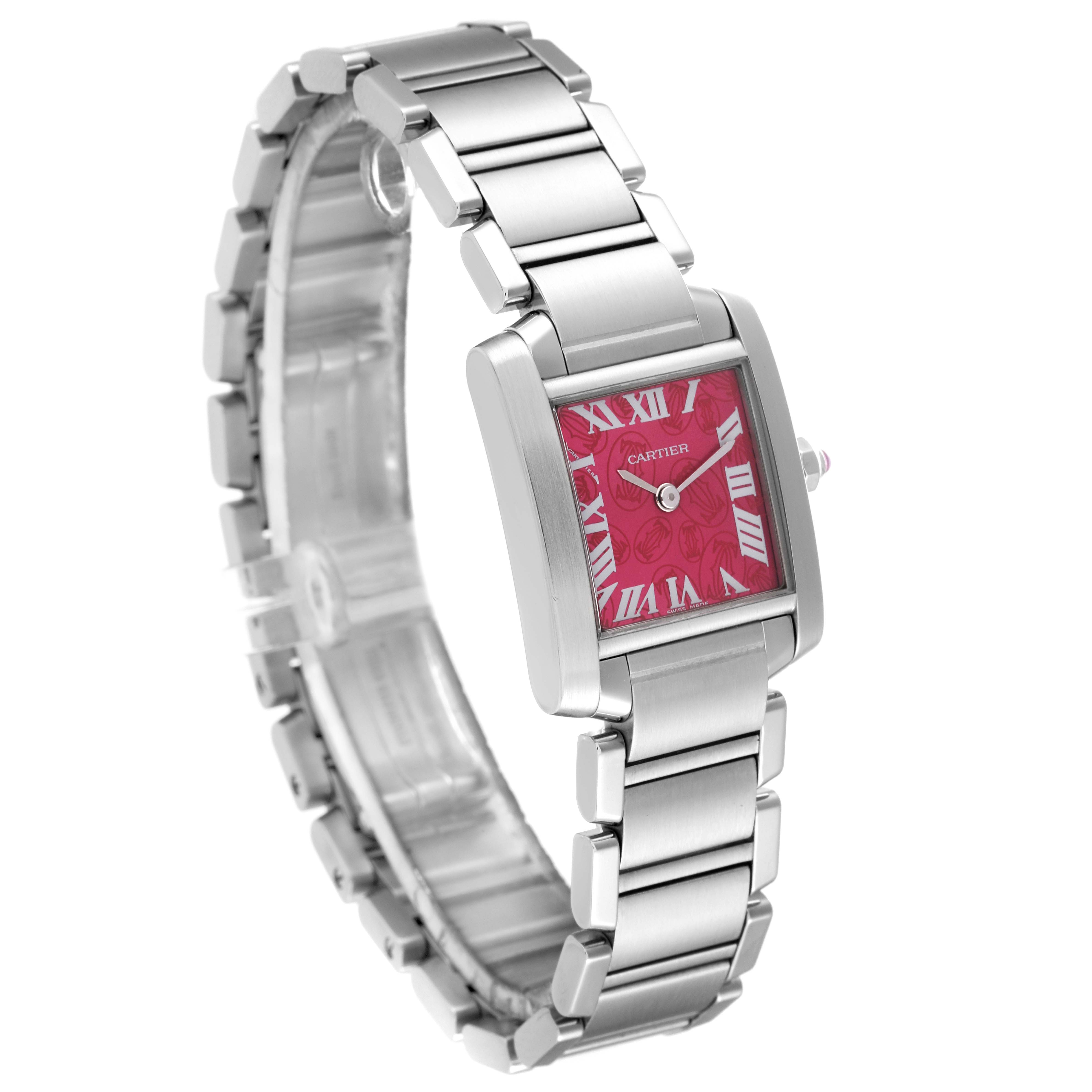 The Cartier Tank Francaise W51030Q3 Women's Stainless Steel Pink Dial W51030Q3 Women's Stainless Steel Pink Dial watch is shown from an angled perspective displaying its bracelet, case, and dial with red Roman numerals.