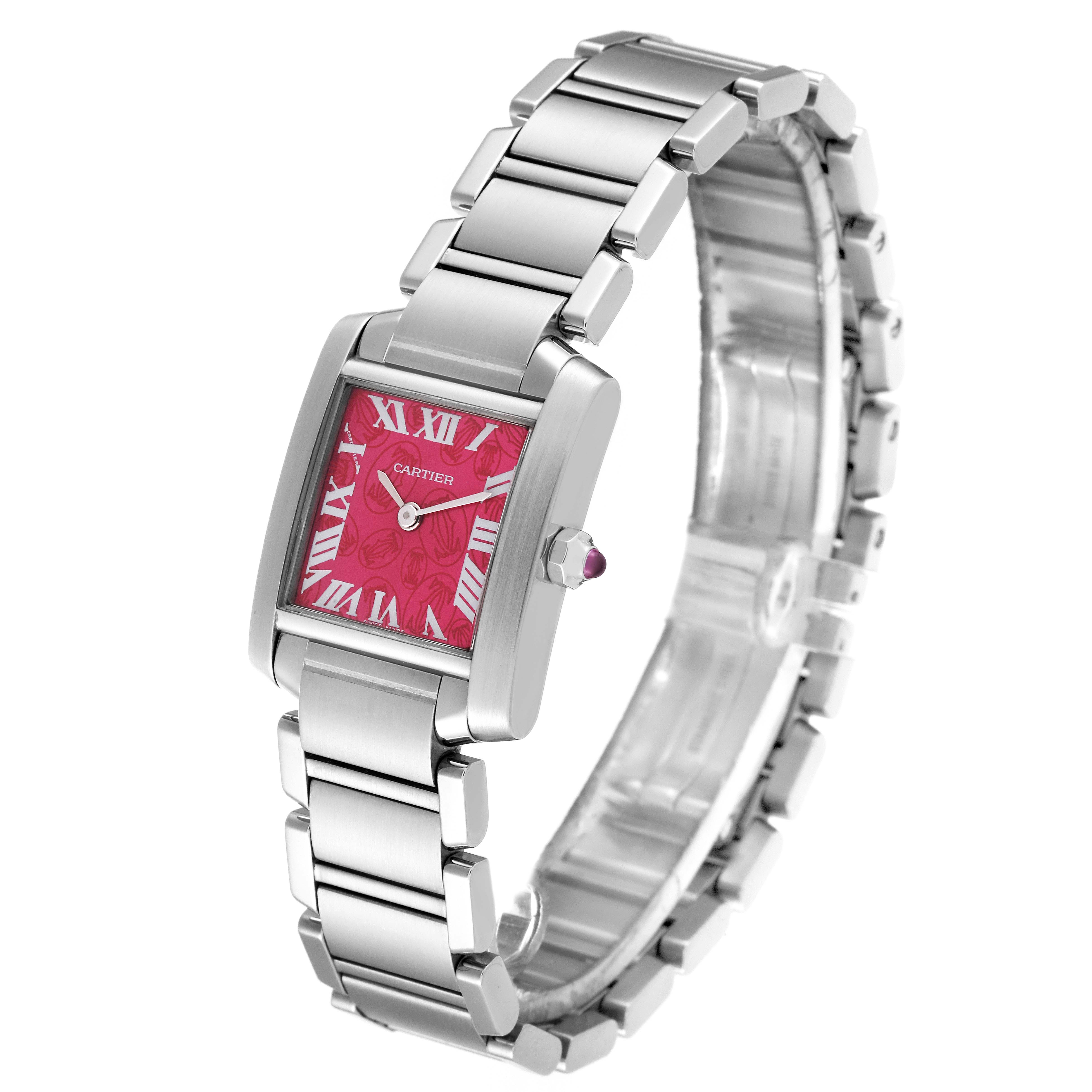 The image shows a Cartier Tank Française watch at a slight angle, displaying its bracelet, pink face, and crown.