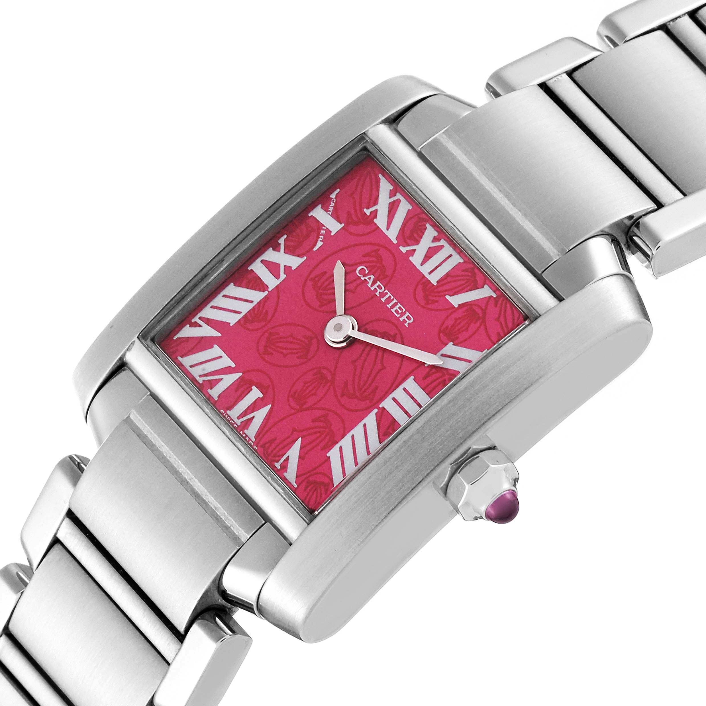 The image shows a close-up of the Cartier Tank Française watch featuring a pink dial with Roman numerals and a stainless steel bracelet.
