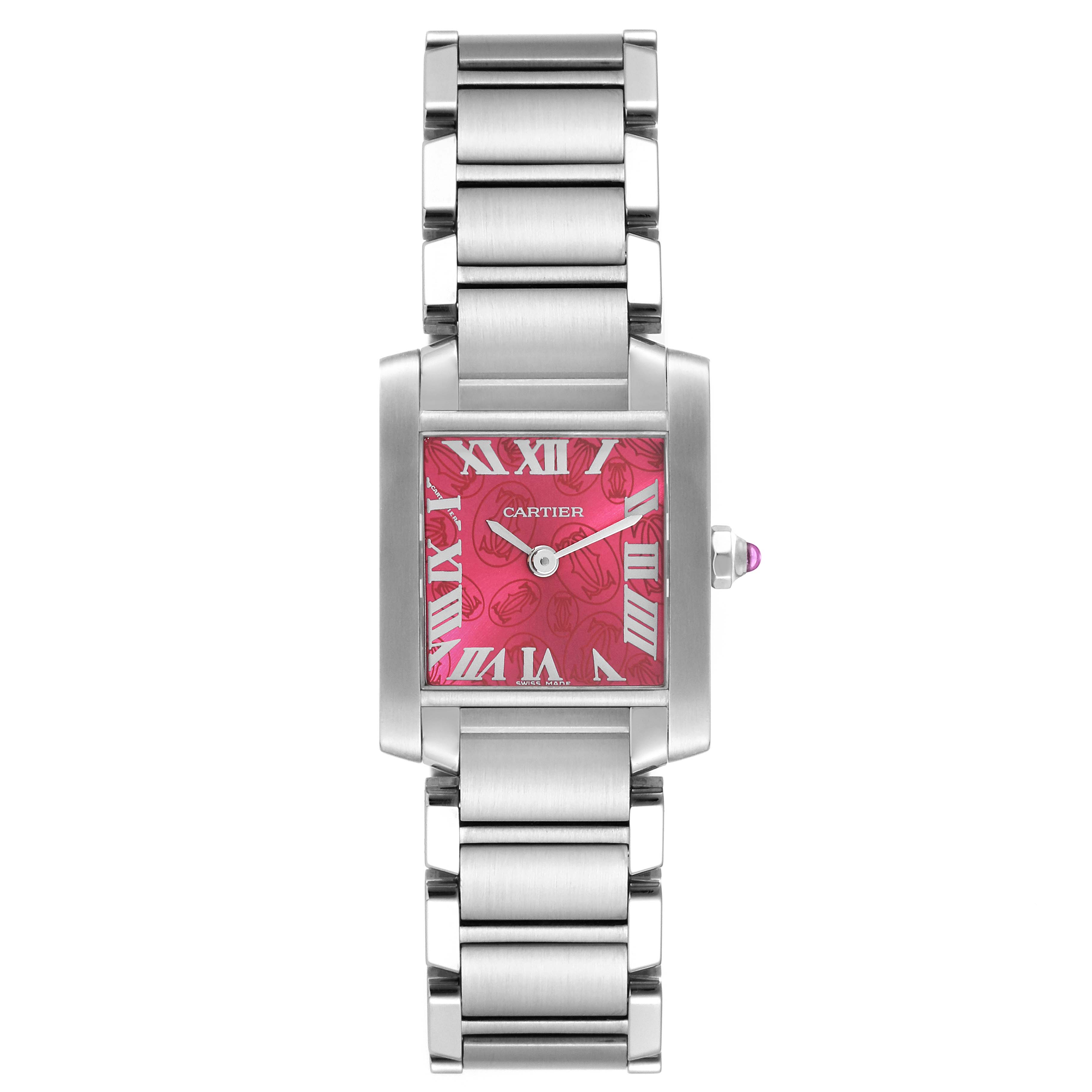 The Cartier Tank Francaise W51030Q3 Women's Stainless Steel Pink Dial W51030Q3 Women's Stainless Steel Pink Dial watch is shown from a front angle displaying its face, Roman numerals, and bracelet.