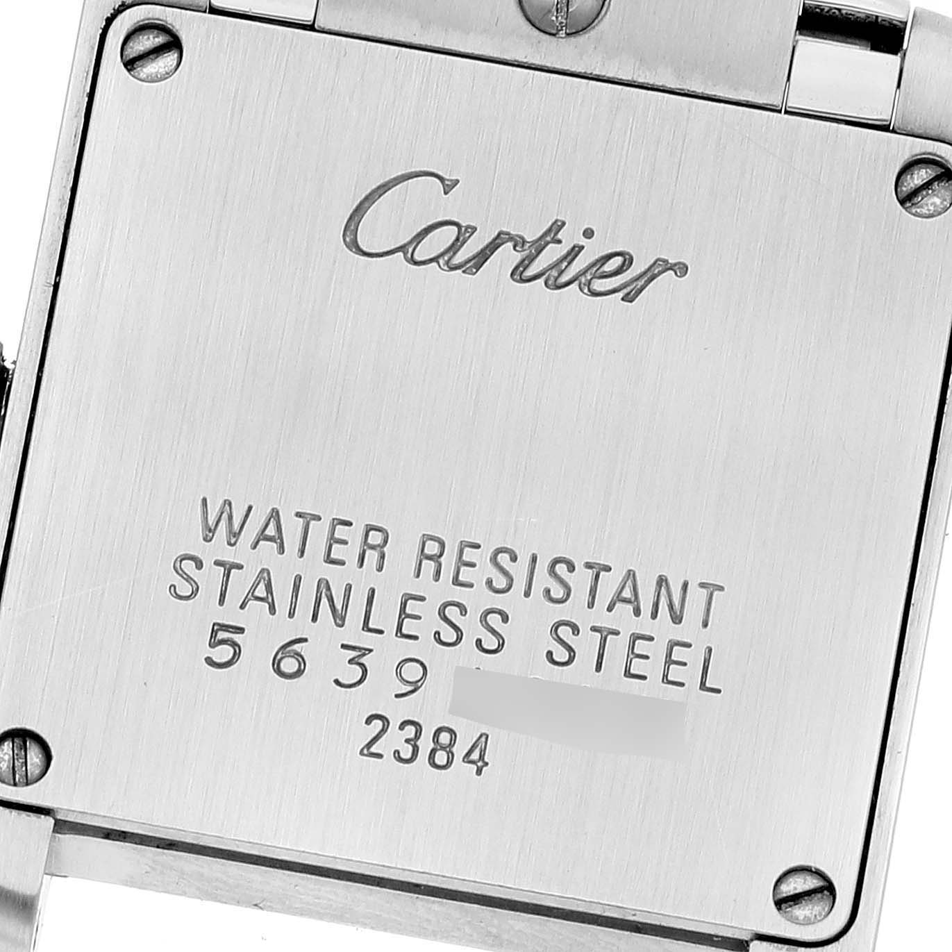 The image displays the back case of a Cartier Tank Francaise W51030Q3 Women's Stainless Steel Pink Dial W51030Q3 Women's Stainless Steel Pink Dial watch, showing the water resistance details and serial number.