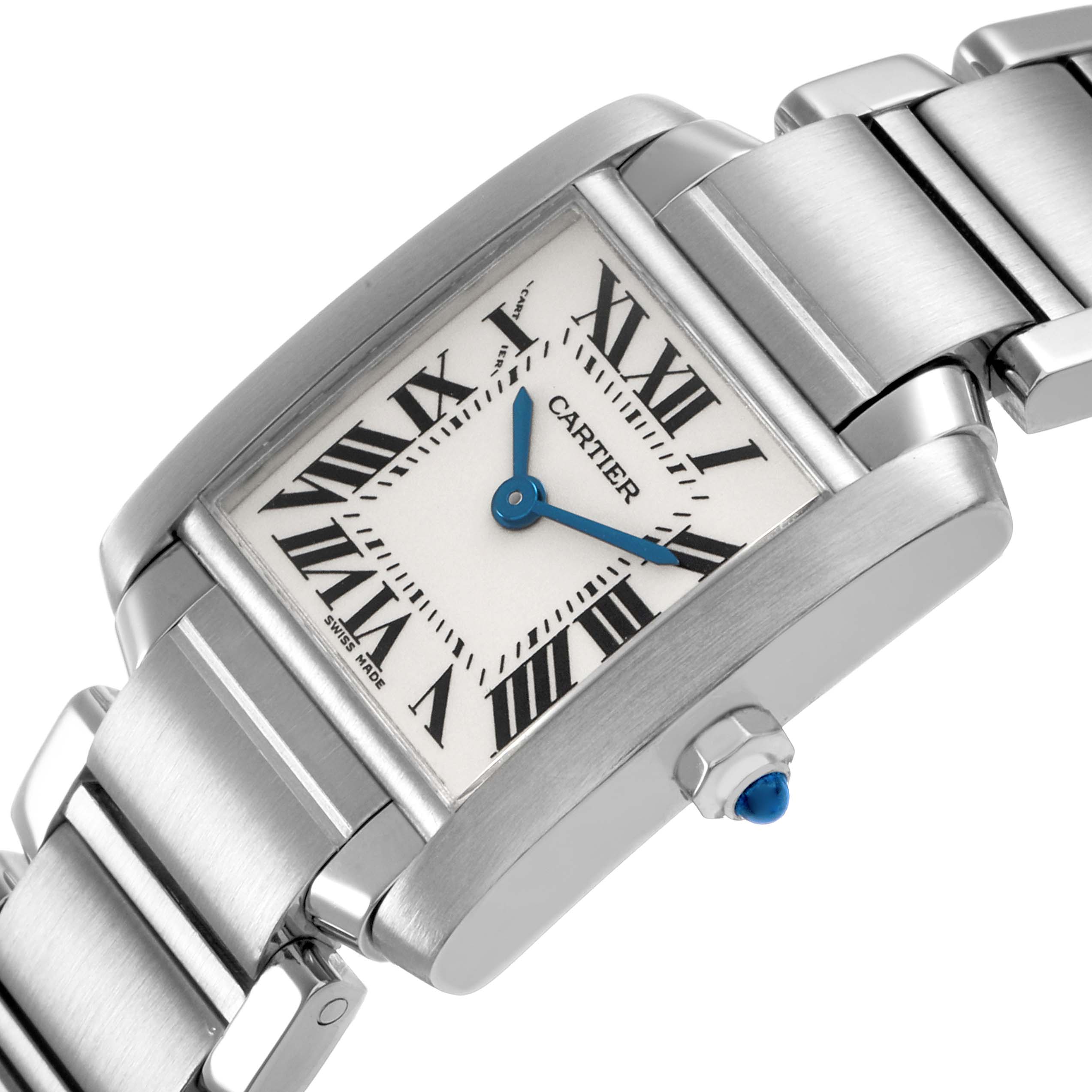 The Cartier Tank Francaise W51008Q3 Women's Stainless Steel Silver Dial watch is shown at an angle highlighting its rectangular face, Roman numerals, blue hands, and metal bracelet.