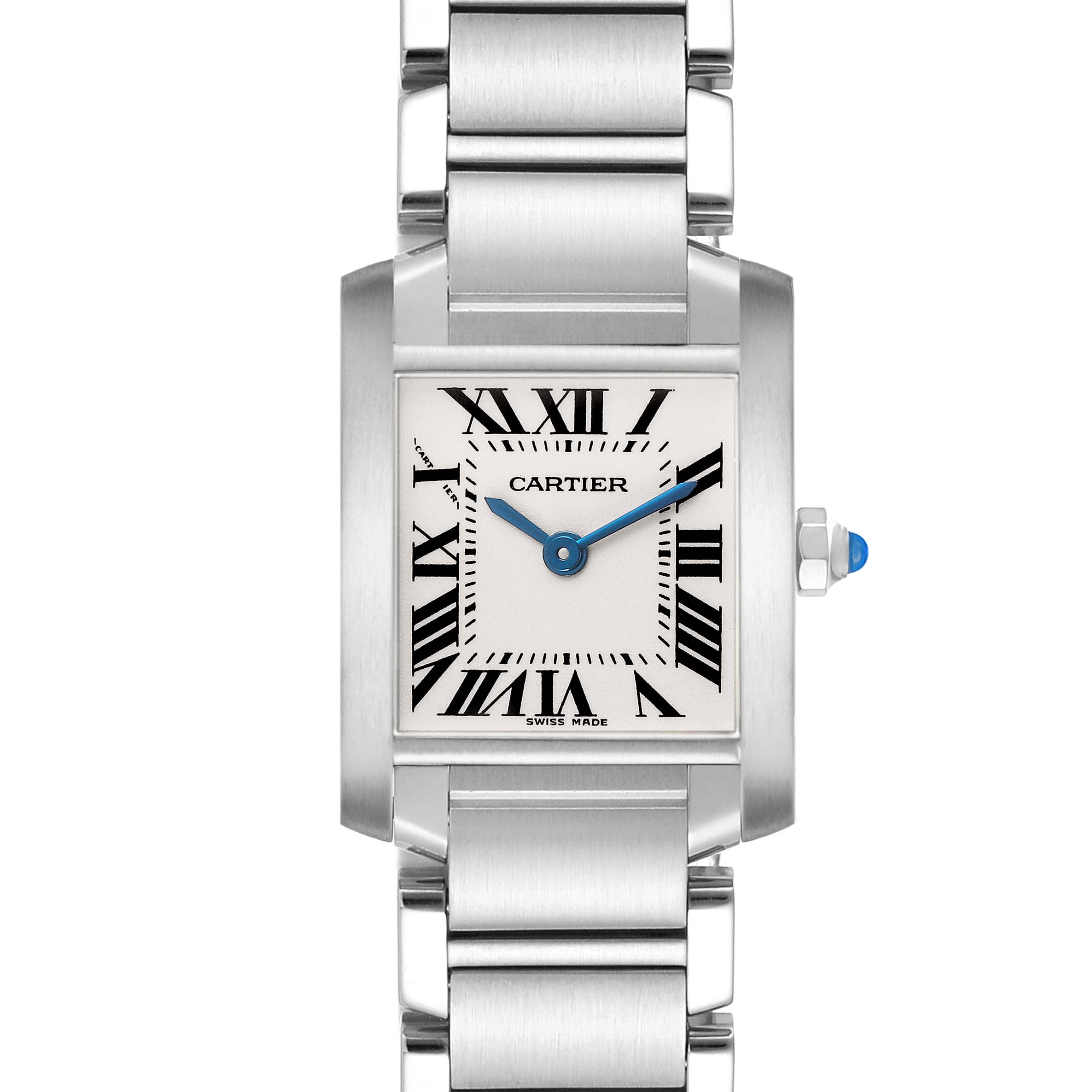The Cartier Tank Francaise W51008Q3 Women's Stainless Steel Silver Dial watch is shown from the front, highlighting the face, bracelet, and blue steel hands.