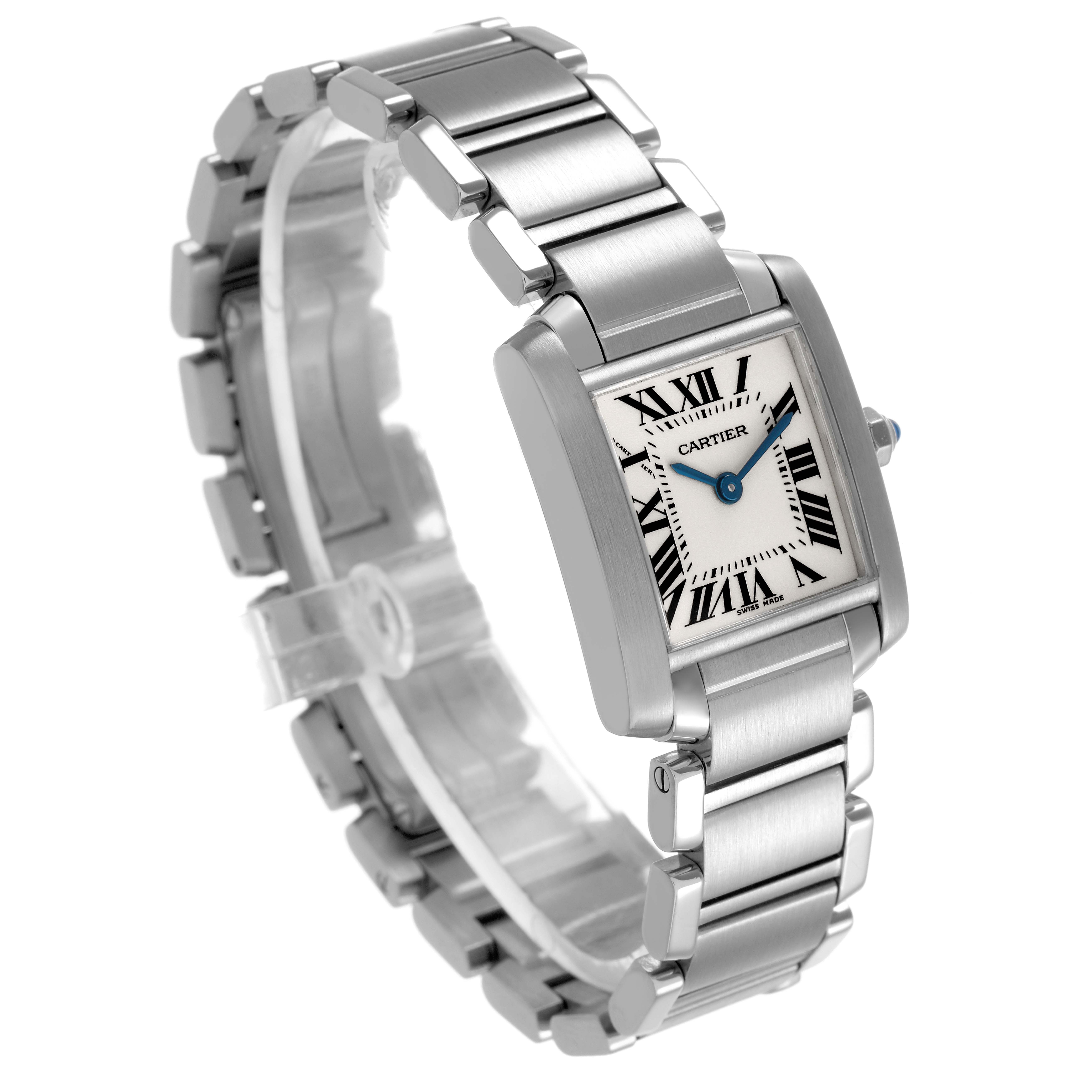 The Cartier Tank Française watch is shown at a three-quarter angle, highlighting its face, Roman numerals, and metal bracelet.
