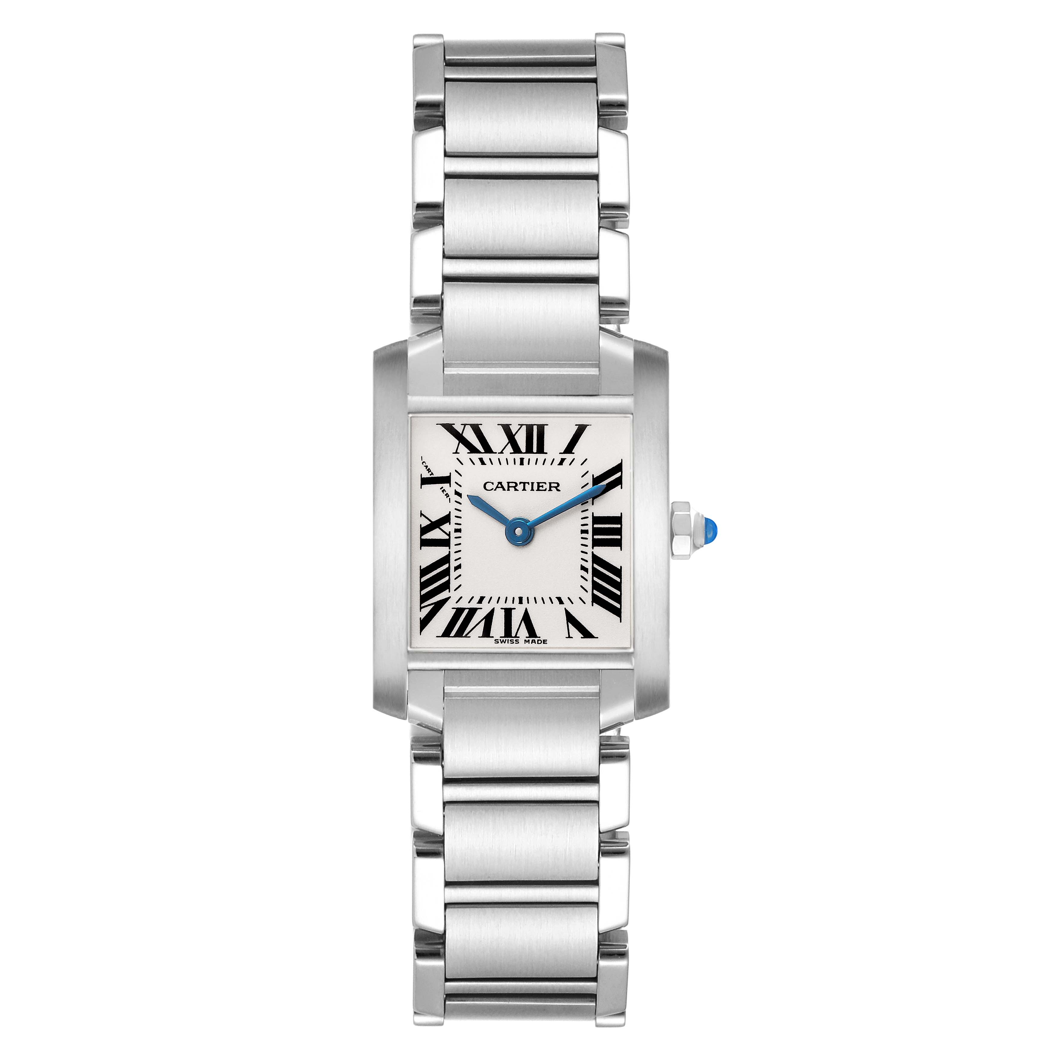 The Cartier Tank Française watch is shown from a top-down angle, displaying its rectangular face, Roman numerals, and metal bracelet.