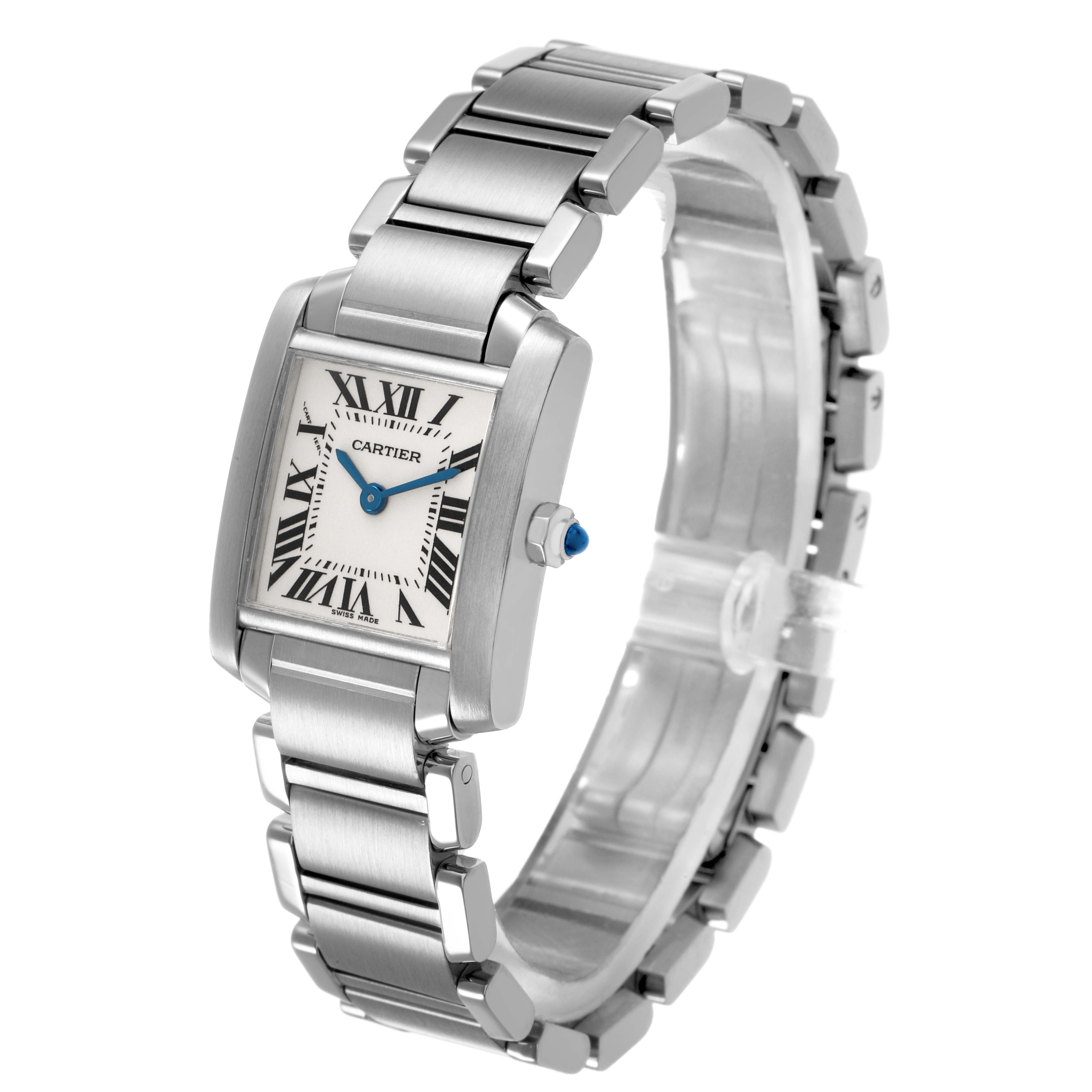 The Cartier Tank Francaise W51008Q3 Women's Stainless Steel Silver Dial watch is shown at a side angle, highlighting its rectangular face and metal bracelet.