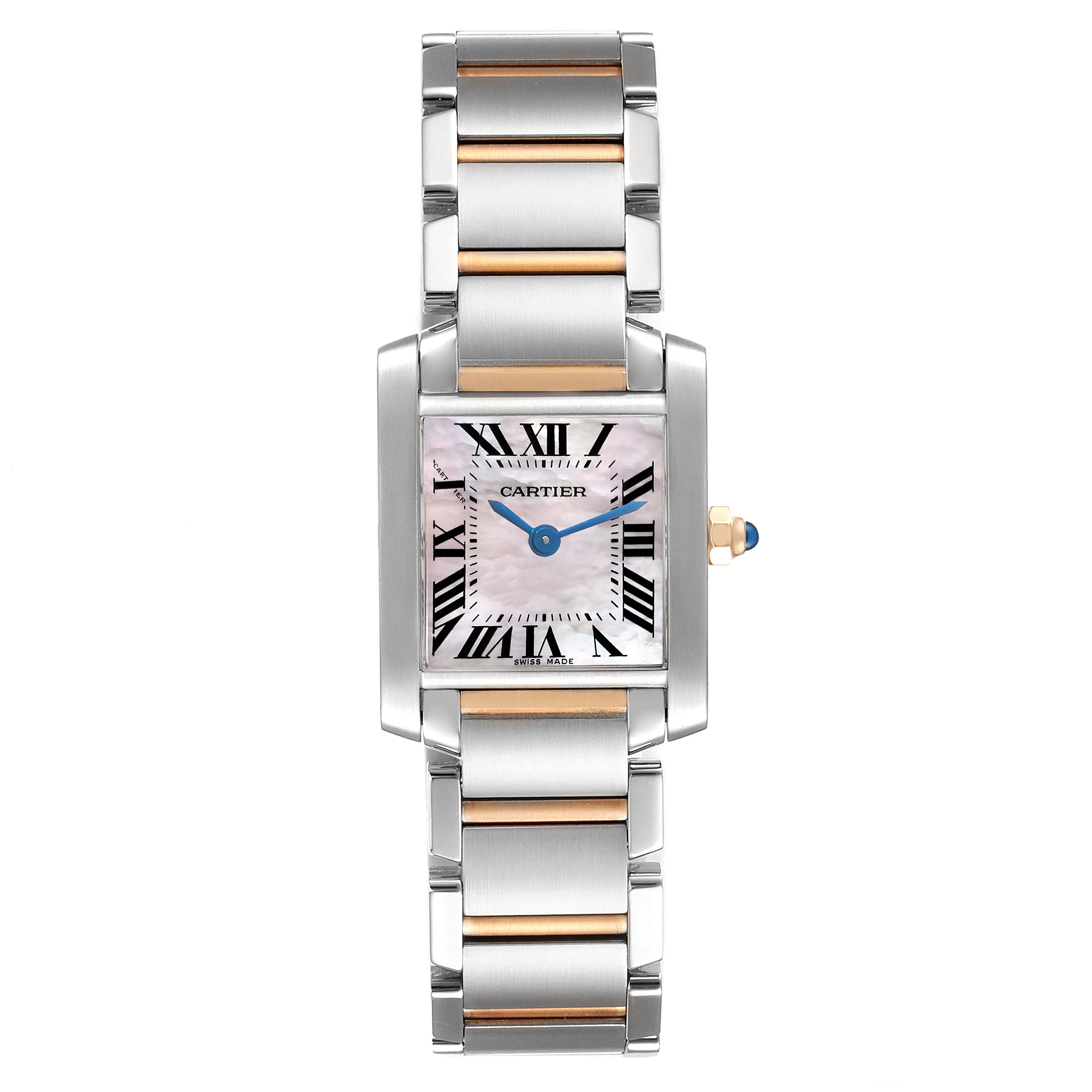 The Cartier Tank Francaise Steel Rose Gold Mother of Pearl Ladies Watch W51027Q4 is shown from a top-down angle displaying the face, dial, and bracelet.