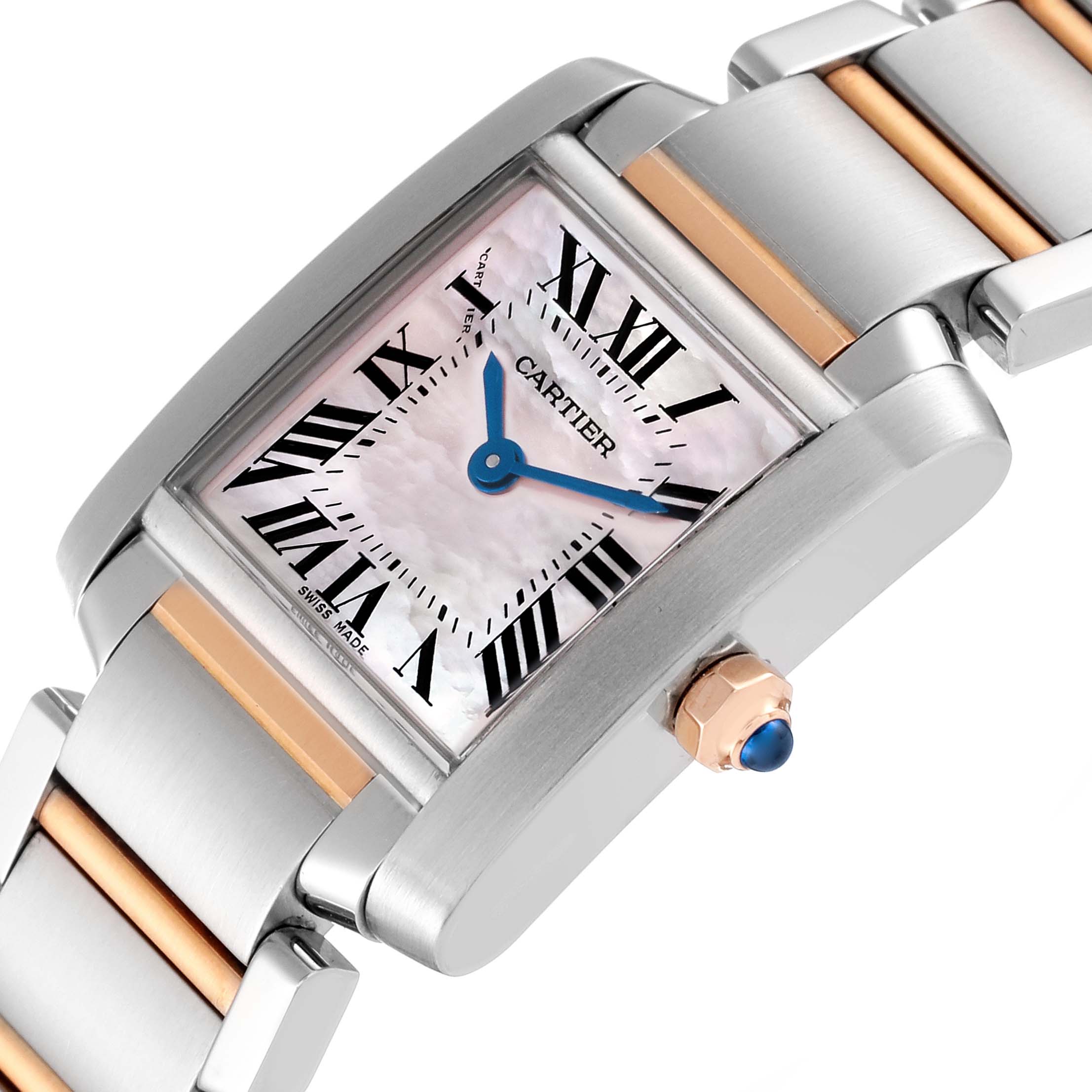 This image shows a Cartier Tank Francaise Steel Rose Gold Mother of Pearl Ladies Watch W51027Q4 at an angle highlighting the face and crown.