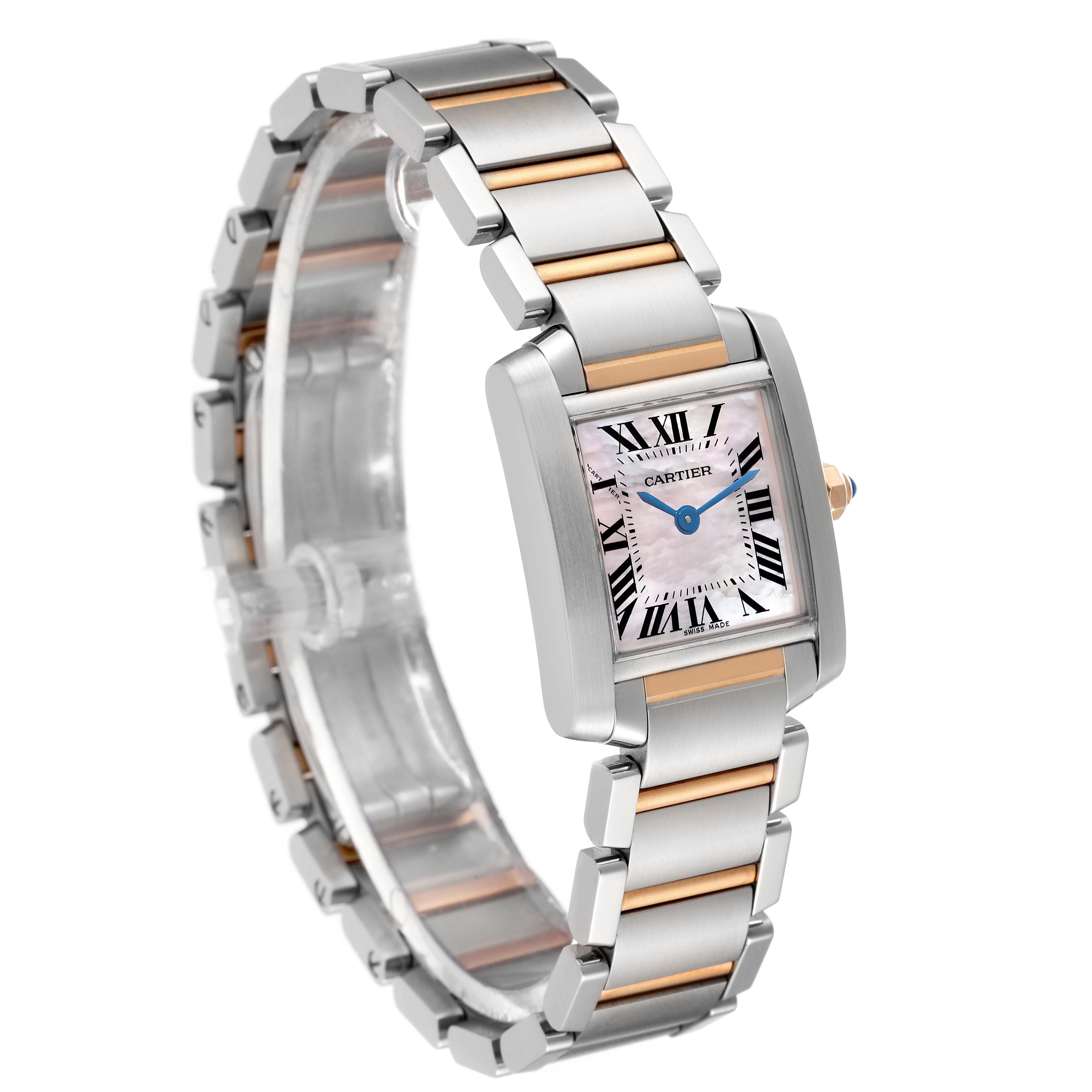 The Cartier Tank Francaise Steel Rose Gold Mother of Pearl Ladies Watch W51027Q4 is shown at a three-quarter angle, highlighting the band and face.