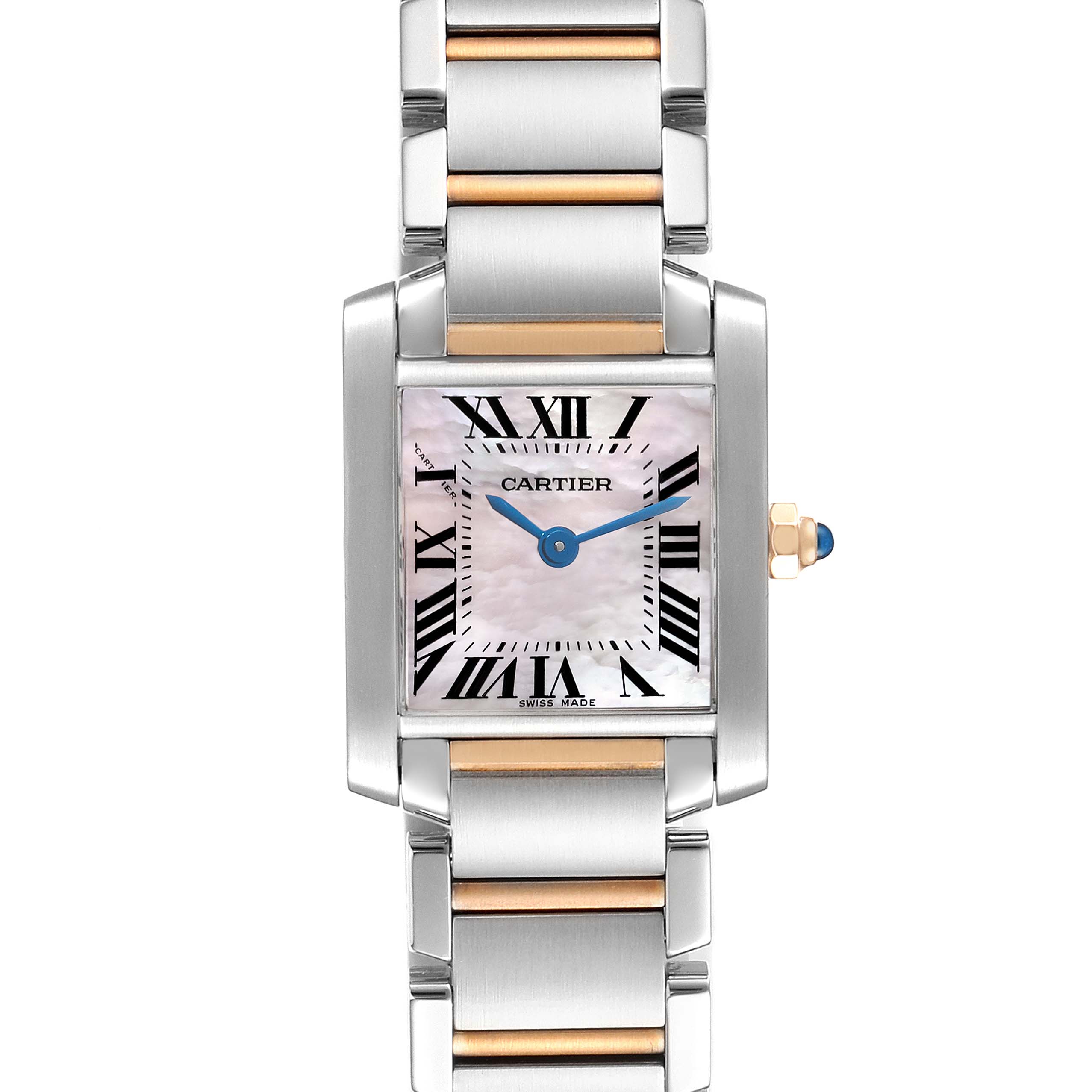 The image shows a frontal view of a Cartier Tank Francaise Steel Rose Gold Mother of Pearl Ladies Watch W51027Q4 with a two-tone bracelet.