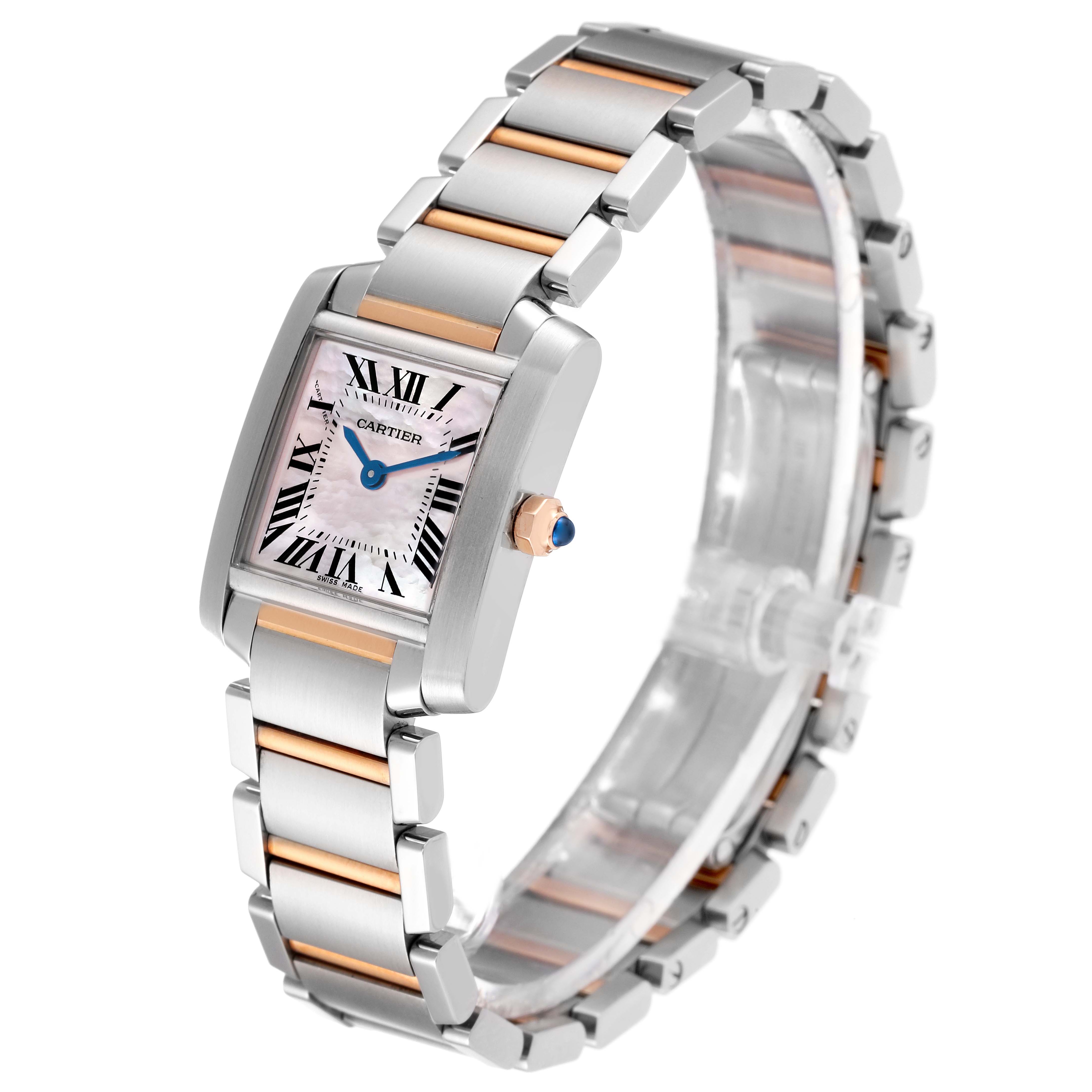 The Cartier Tank Francaise Steel Rose Gold Mother of Pearl Ladies Watch W51027Q4 is shown from an angled perspective, highlighting its face, band, and crown.