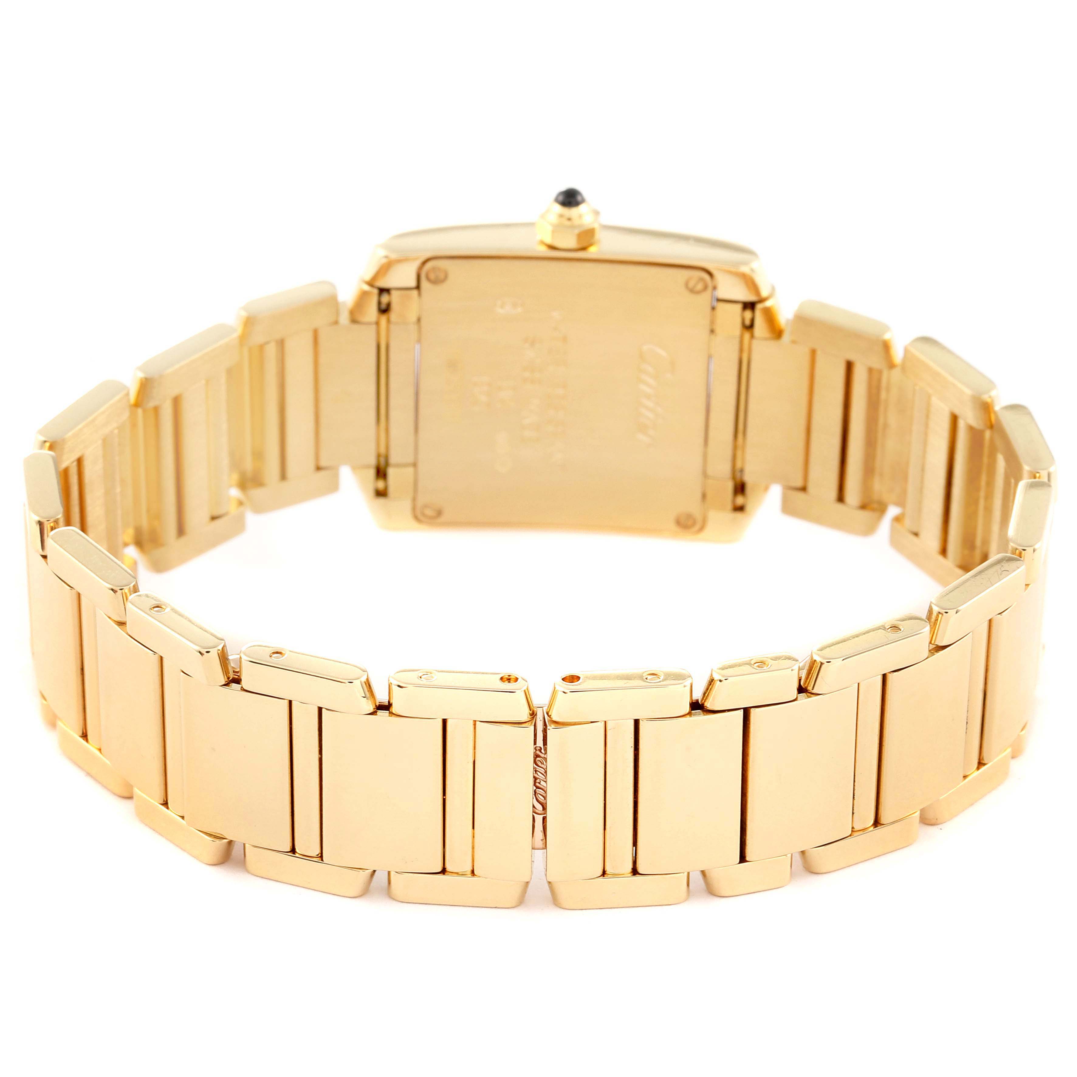 This image shows the back of a Cartier Tank Francaise W500002N2 Women's Yellow Gold Silver Dial W500002N2 Women's Yellow Gold Silver Dial watch, focusing on the bracelet and the case.
