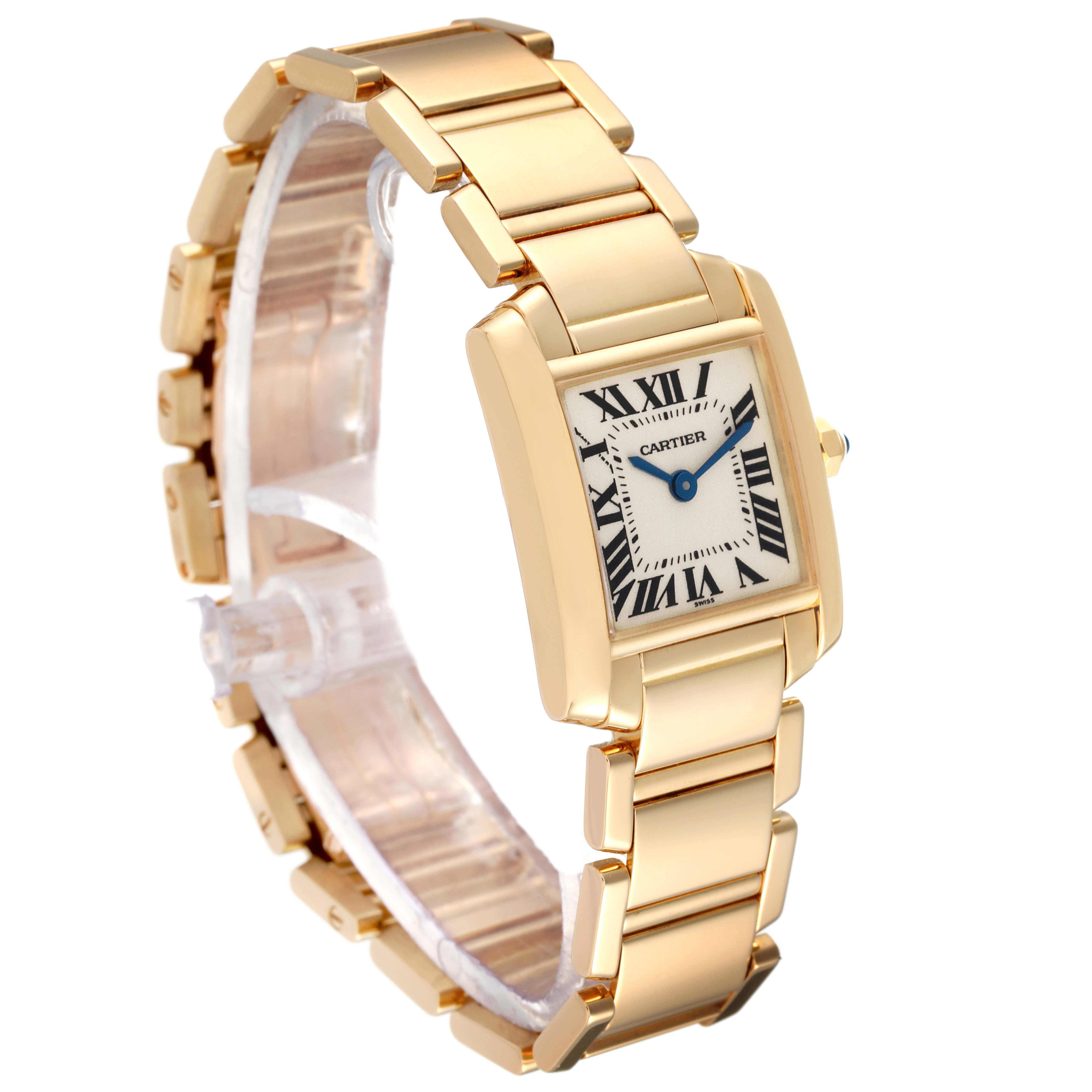 The image shows an angled view of the Cartier Tank Française watch, displaying the face, band, and part of the clasp.