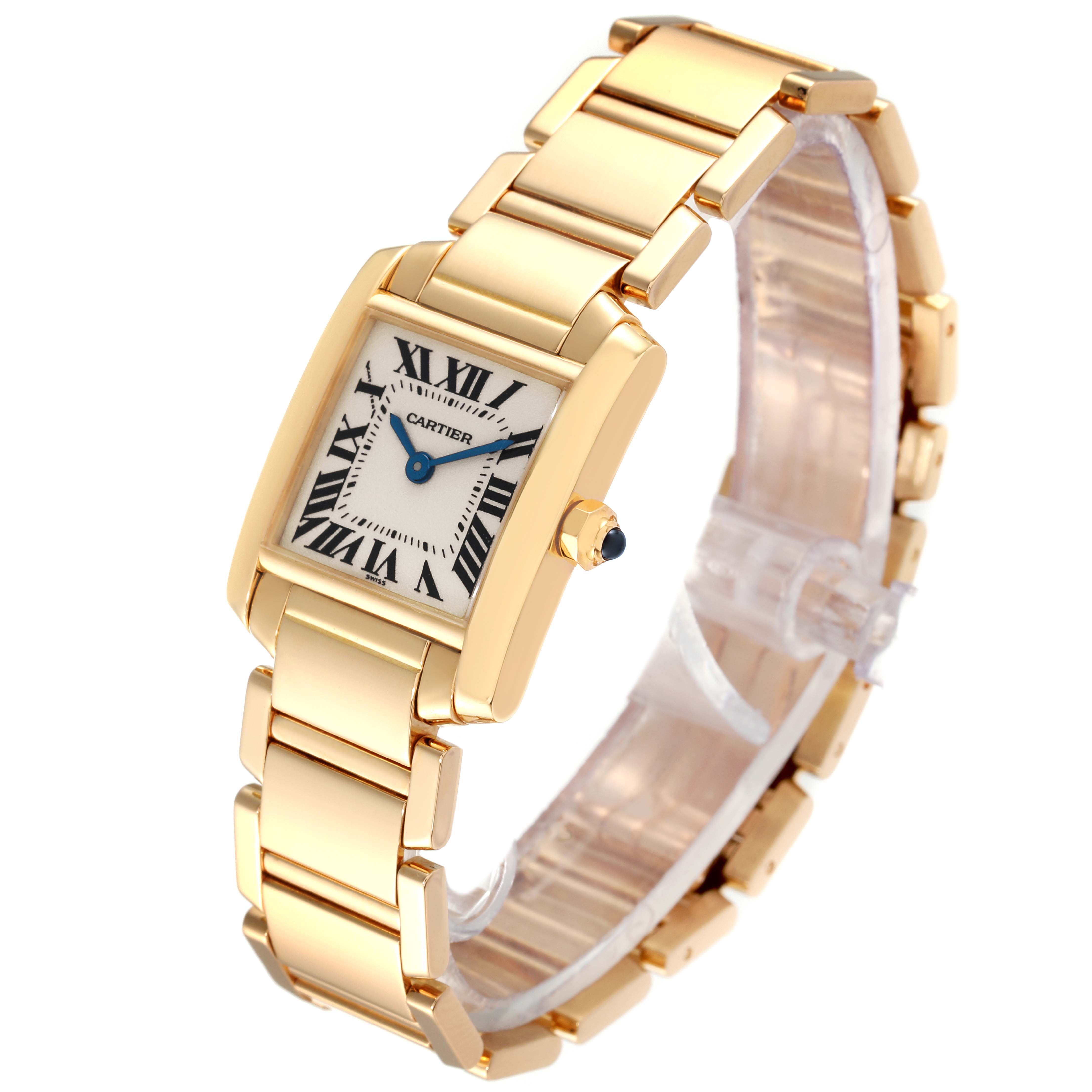The image shows a Cartier Tank Francaise W500002N2 Women's Yellow Gold Silver Dial W500002N2 Women's Yellow Gold Silver Dial watch at an angle highlighting its face, bracelet, and crown.