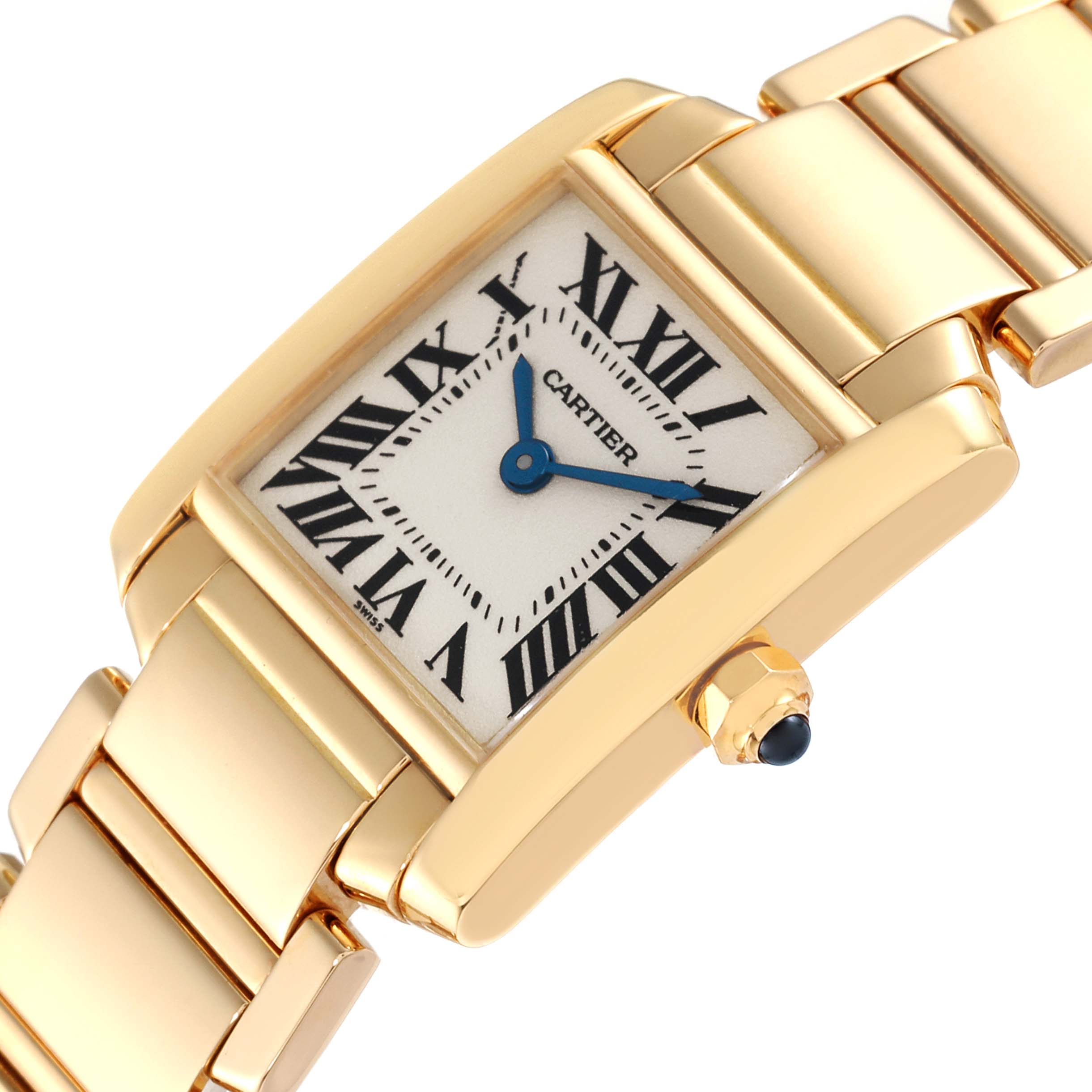 The image shows a Cartier Tank Francaise W500002N2 Women's Yellow Gold Silver Dial W500002N2 Women's Yellow Gold Silver Dial watch at a slight angle, highlighting its dial, blue hands, and gold bracelet.