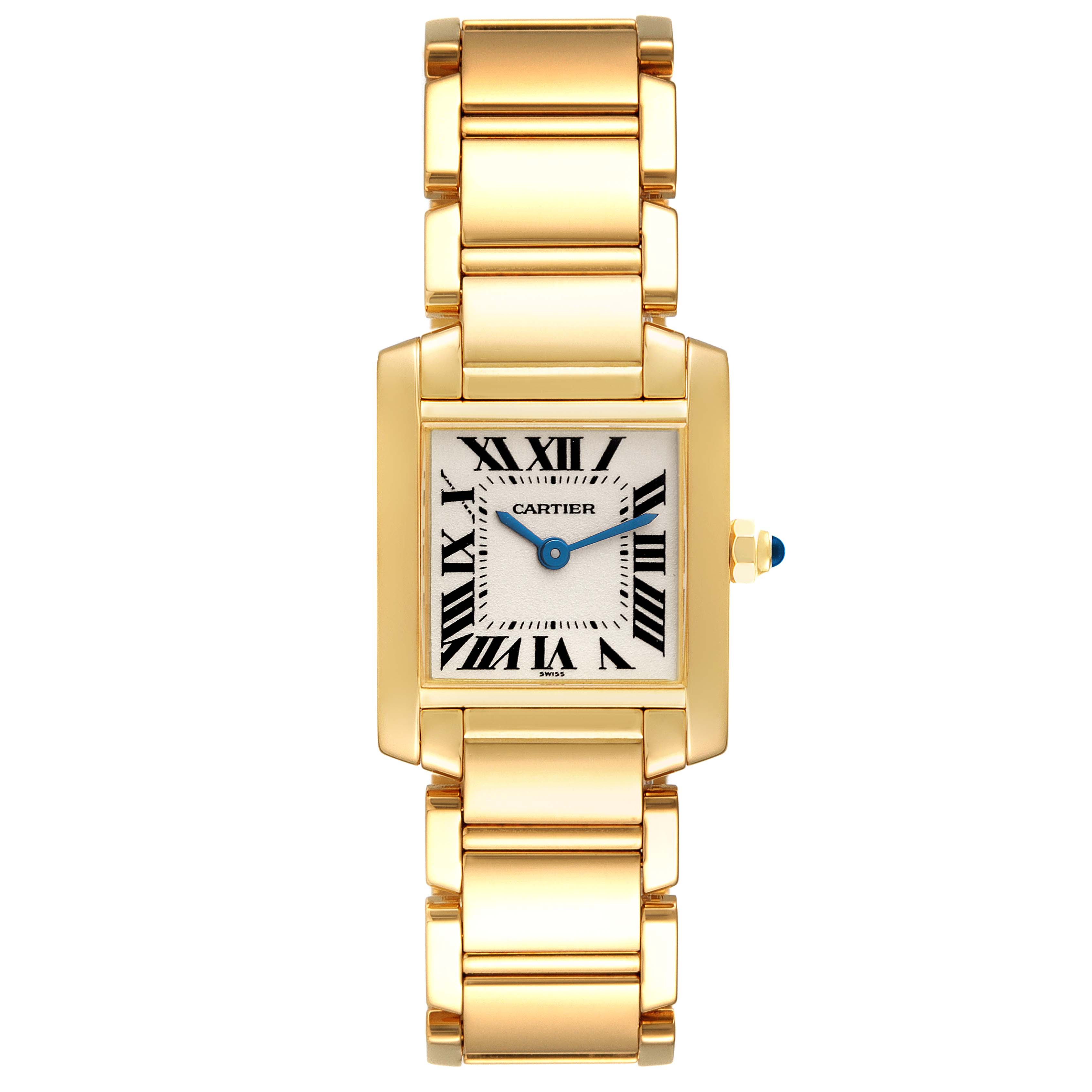 The image shows a front view of the Cartier Tank Francaise W500002N2 Women's Yellow Gold Silver Dial W500002N2 Women's Yellow Gold Silver Dial watch, featuring its rectangular face and gold bracelet.