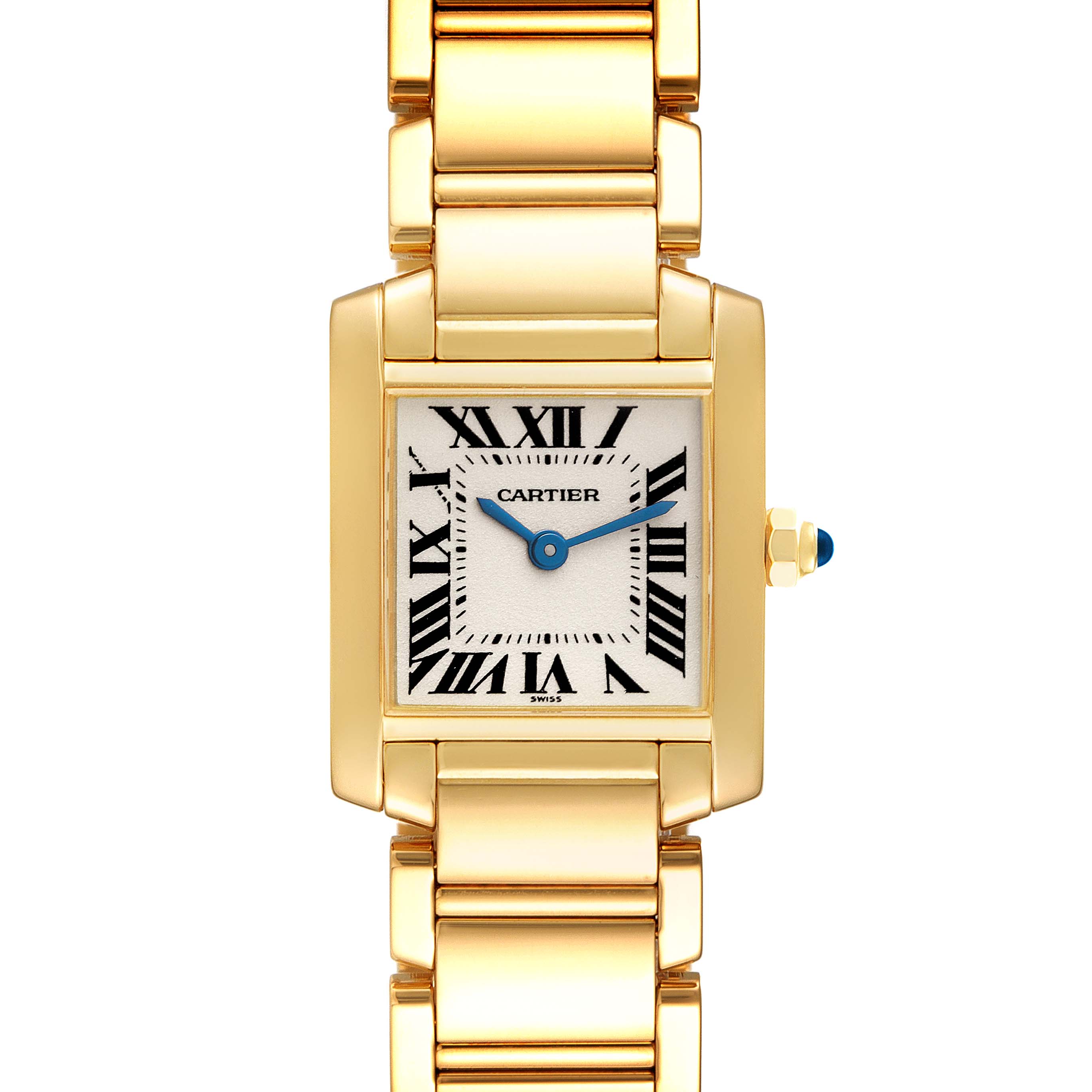 This image shows a frontal view of the Cartier Tank Francaise W500002N2 Women's Yellow Gold Silver Dial W500002N2 Women's Yellow Gold Silver Dial watch, highlighting its rectangular face, Roman numerals, and gold bracelet.