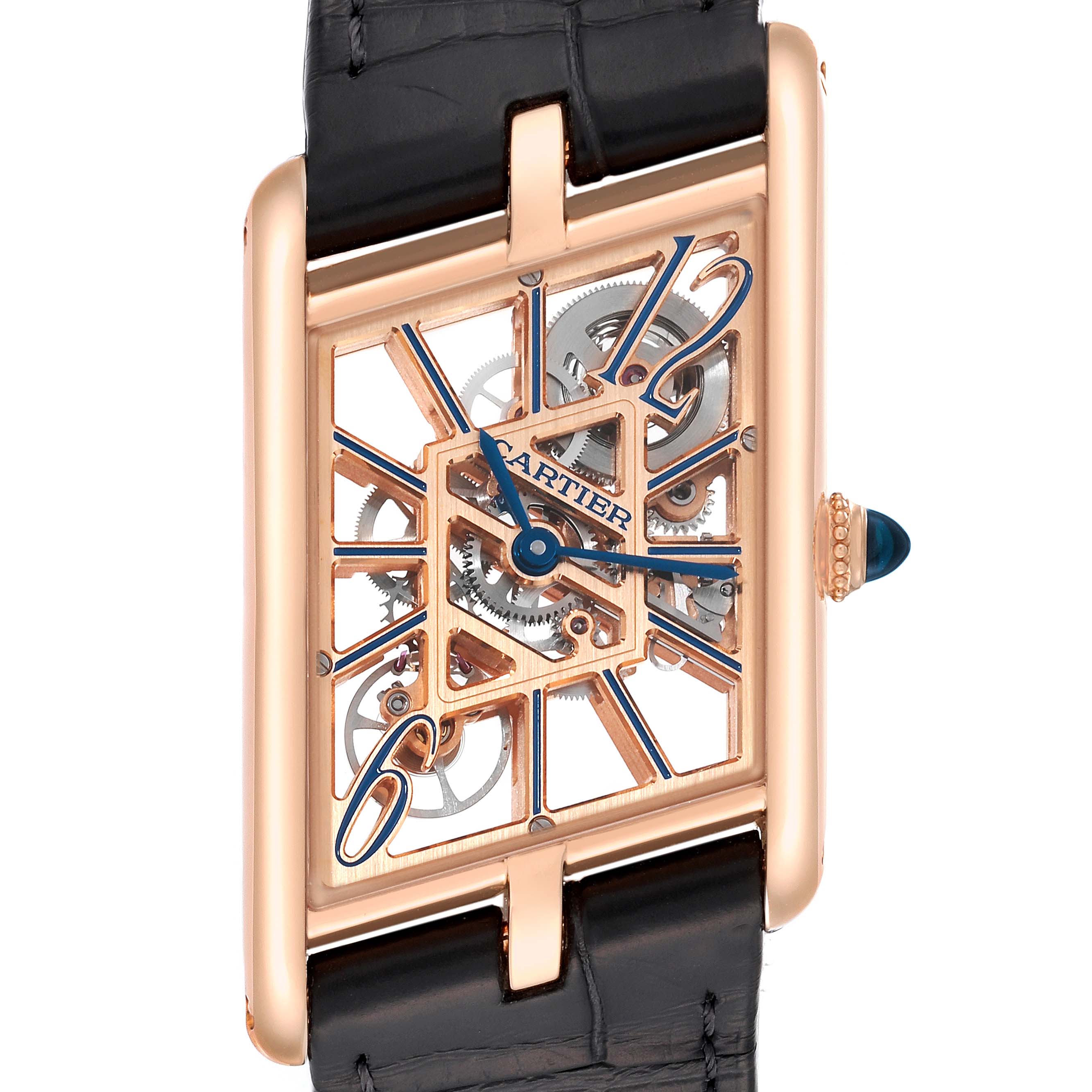 The Cartier Tank Asymetrique WHTA0011 Men's Rose Gold Transparent Dial WHTA0011 Men's Rose Gold Transparent Dial watch is shown from a straight-on angle, highlighting its dial, hands, and partially visible movement.