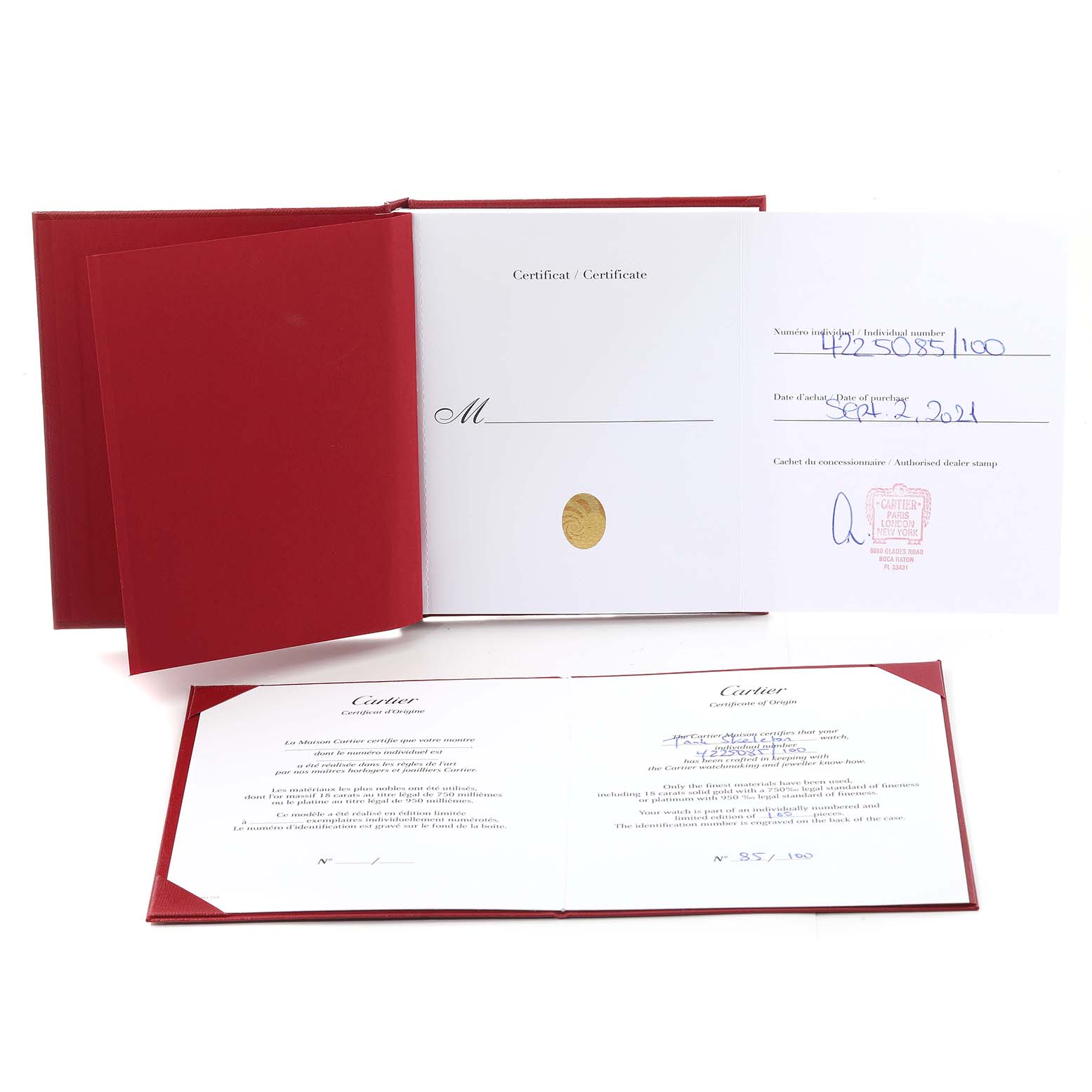 The image shows the certificate and documents for the Cartier Tank Asymetrique WHTA0011 Men's Rose Gold Transparent Dial WHTA0011 Men's Rose Gold Transparent Dial watch.