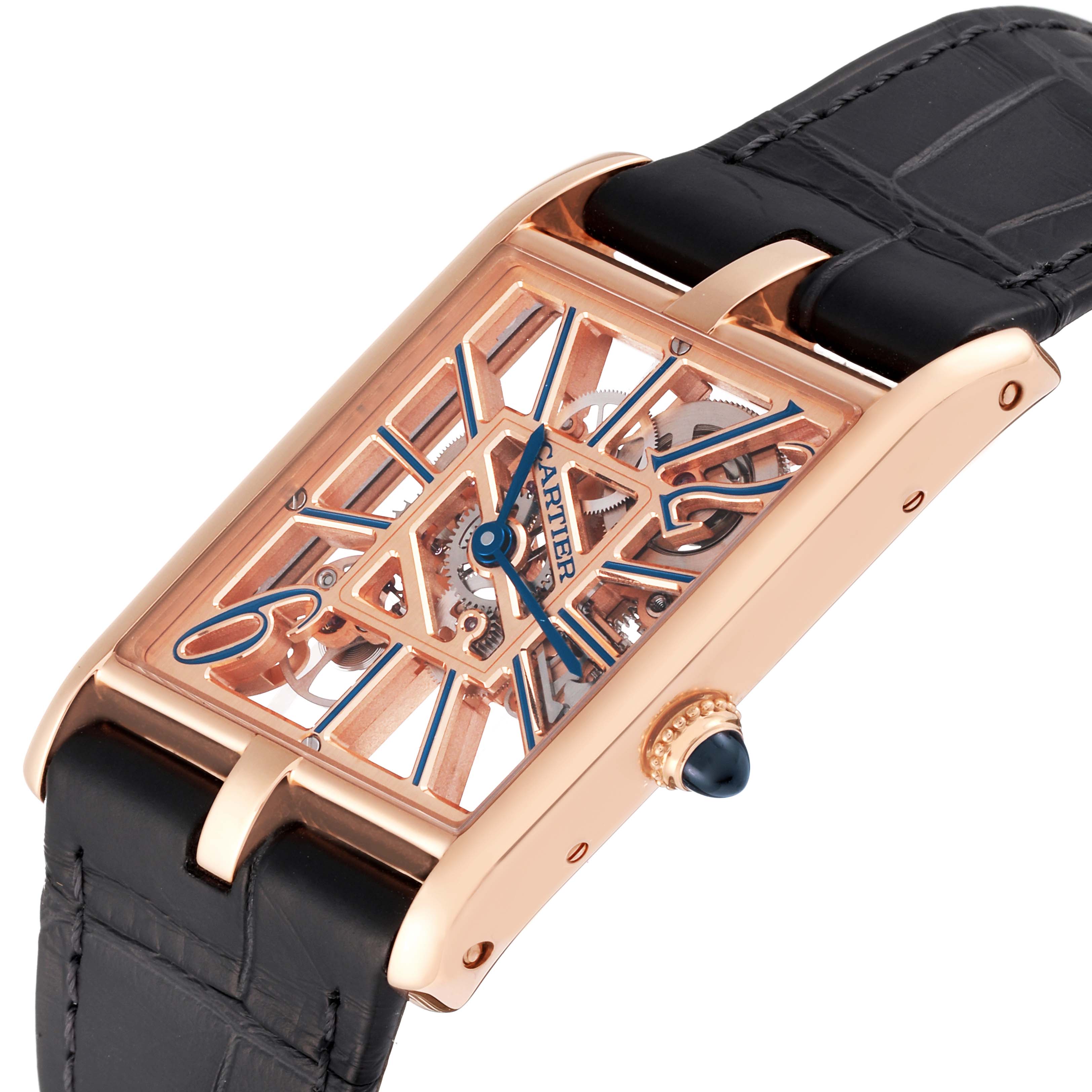 This image shows a side angle view of the Cartier Tank Asymetrique WHTA0011 Men's Rose Gold Transparent Dial WHTA0011 Men's Rose Gold Transparent Dial watch, highlighting the case, dial, crown, and strap.