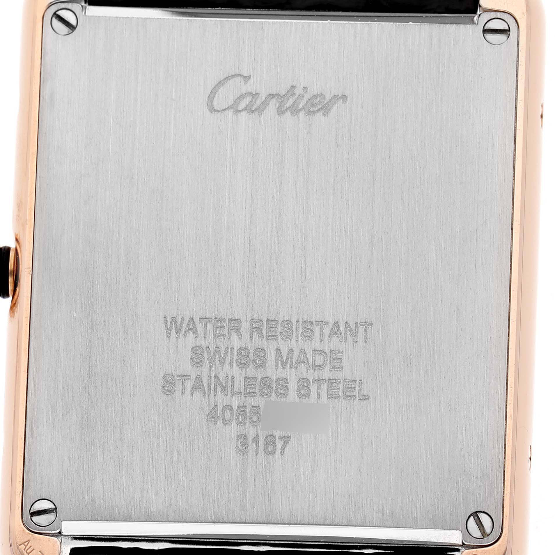 This image shows the back case of the Cartier Tank Solo W5200025 Men's Rose Gold Silver Dial watch, highlighting brand engraving and specifications.