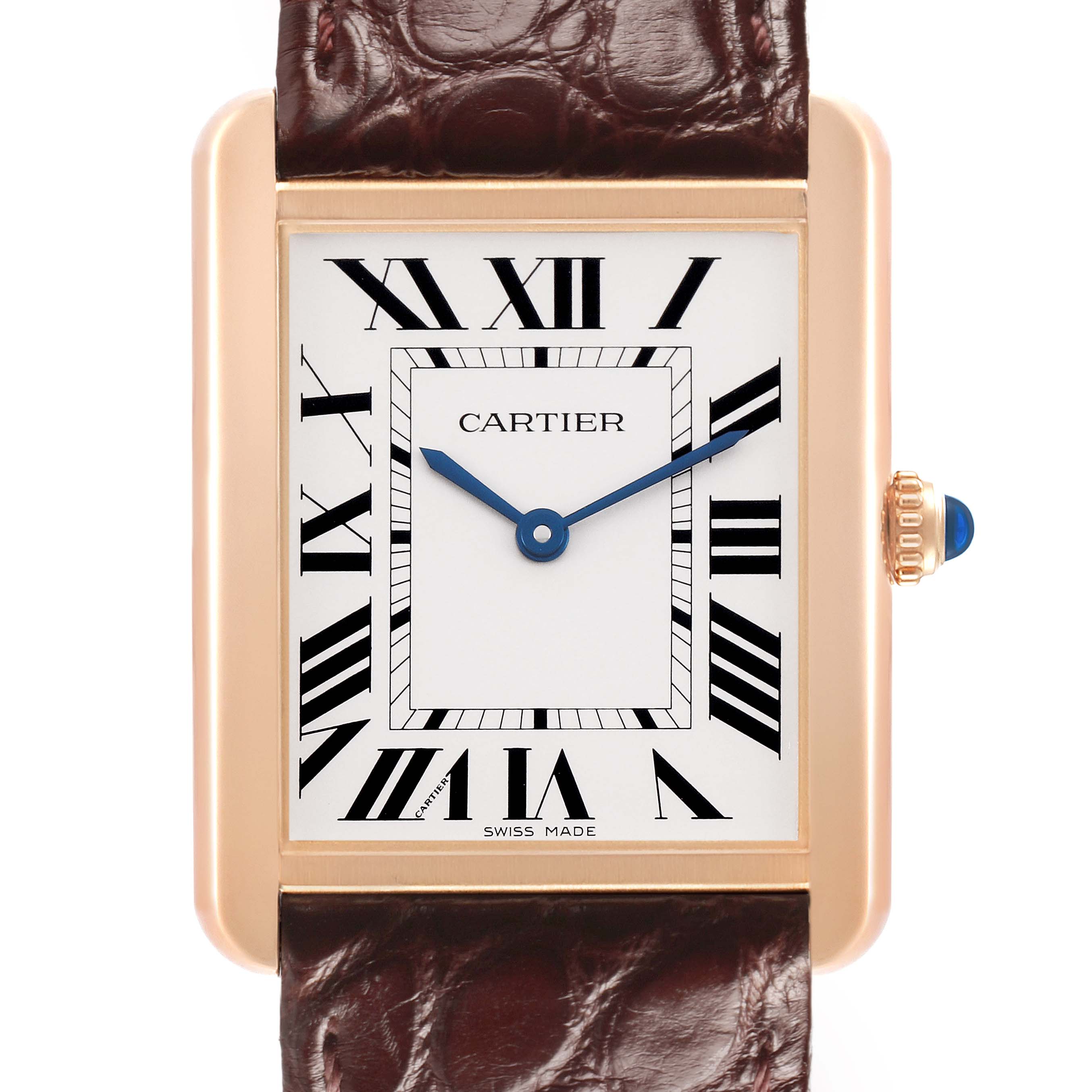 The Cartier Tank Solo W5200025 Men's Rose Gold Silver Dial watch is shown from the front, highlighting the rectangular dial with Roman numerals and blue hands.