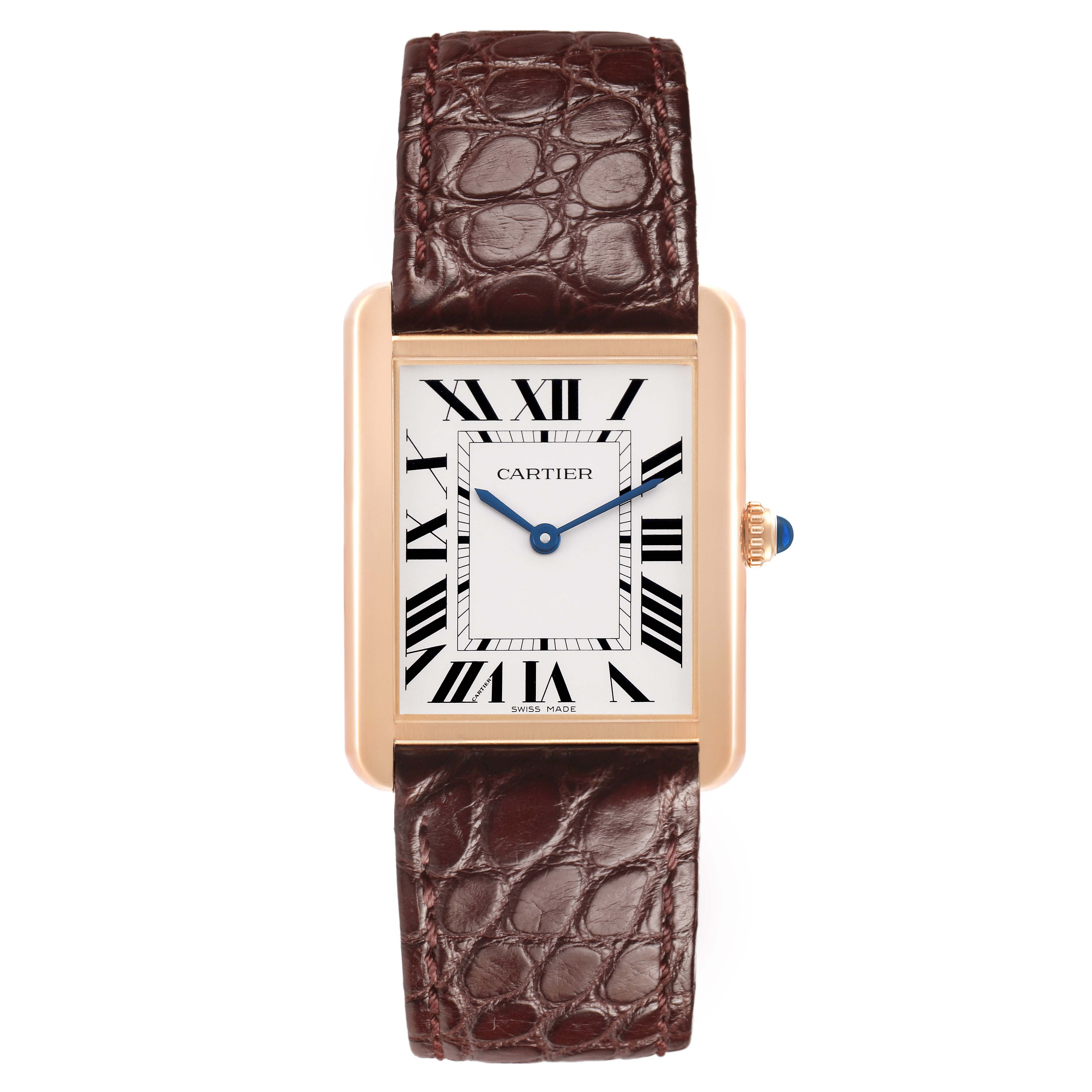 The Cartier Tank Solo W5200025 Men's Rose Gold Silver Dial watch is shown from the front, featuring its face, rectangular case, and brown leather strap.