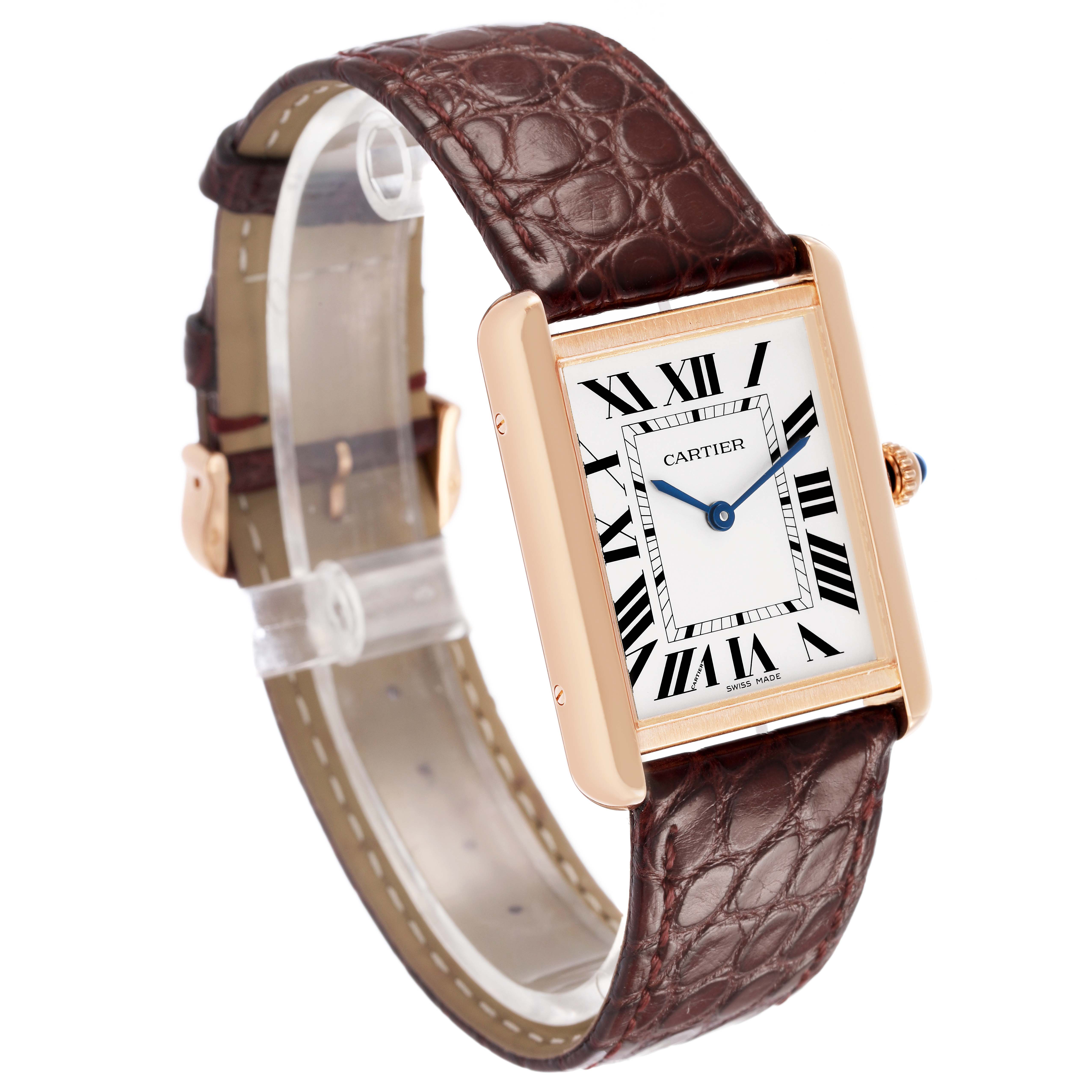 The Cartier Tank Solo W5200025 Men's Rose Gold Silver Dial watch is shown at a slight angle, highlighting its leather strap, rectangular face, and side profile.