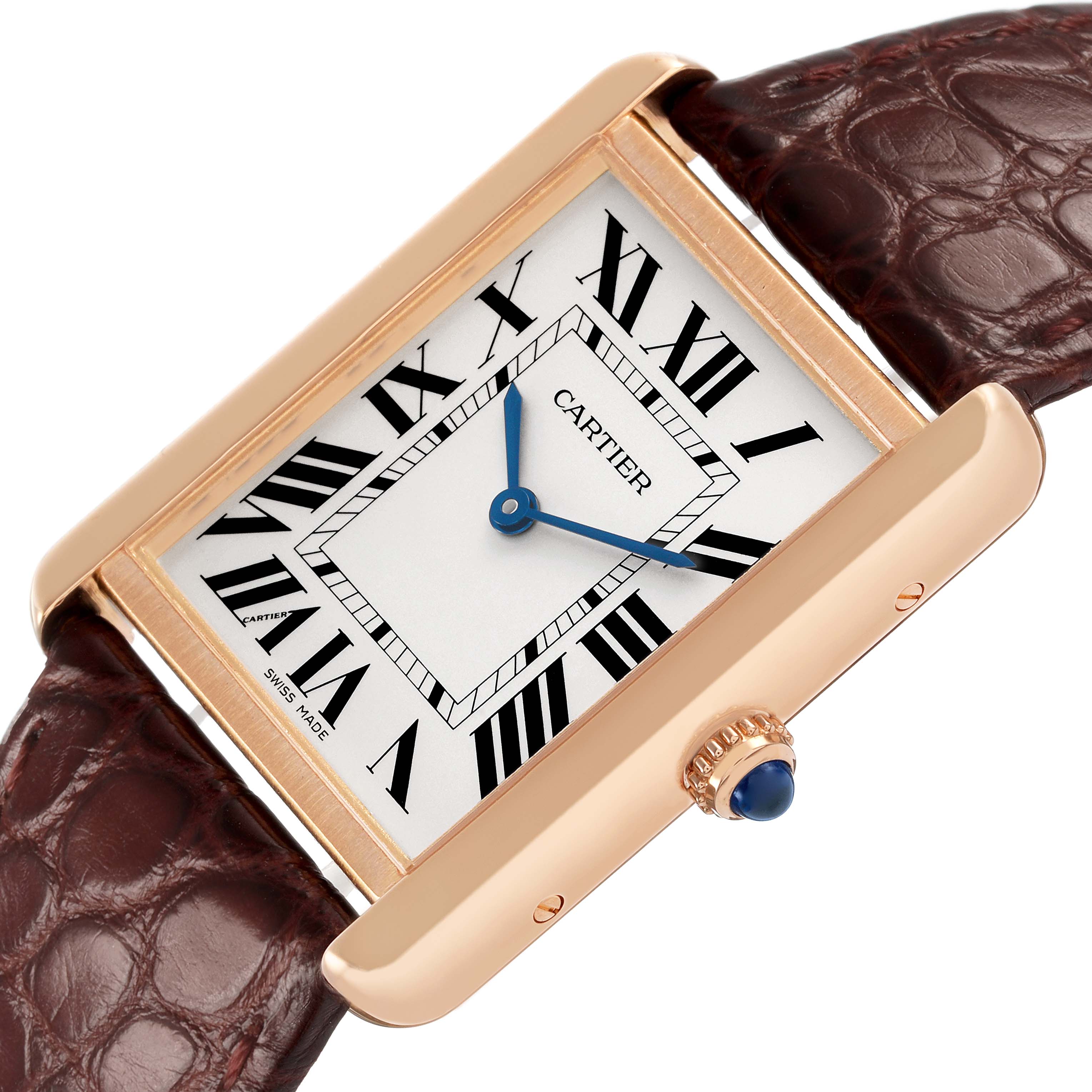 The Cartier Tank Solo W5200025 Men's Rose Gold Silver Dial watch is shown from a top angled view, highlighting the face, Roman numerals, blue hands, and crown.