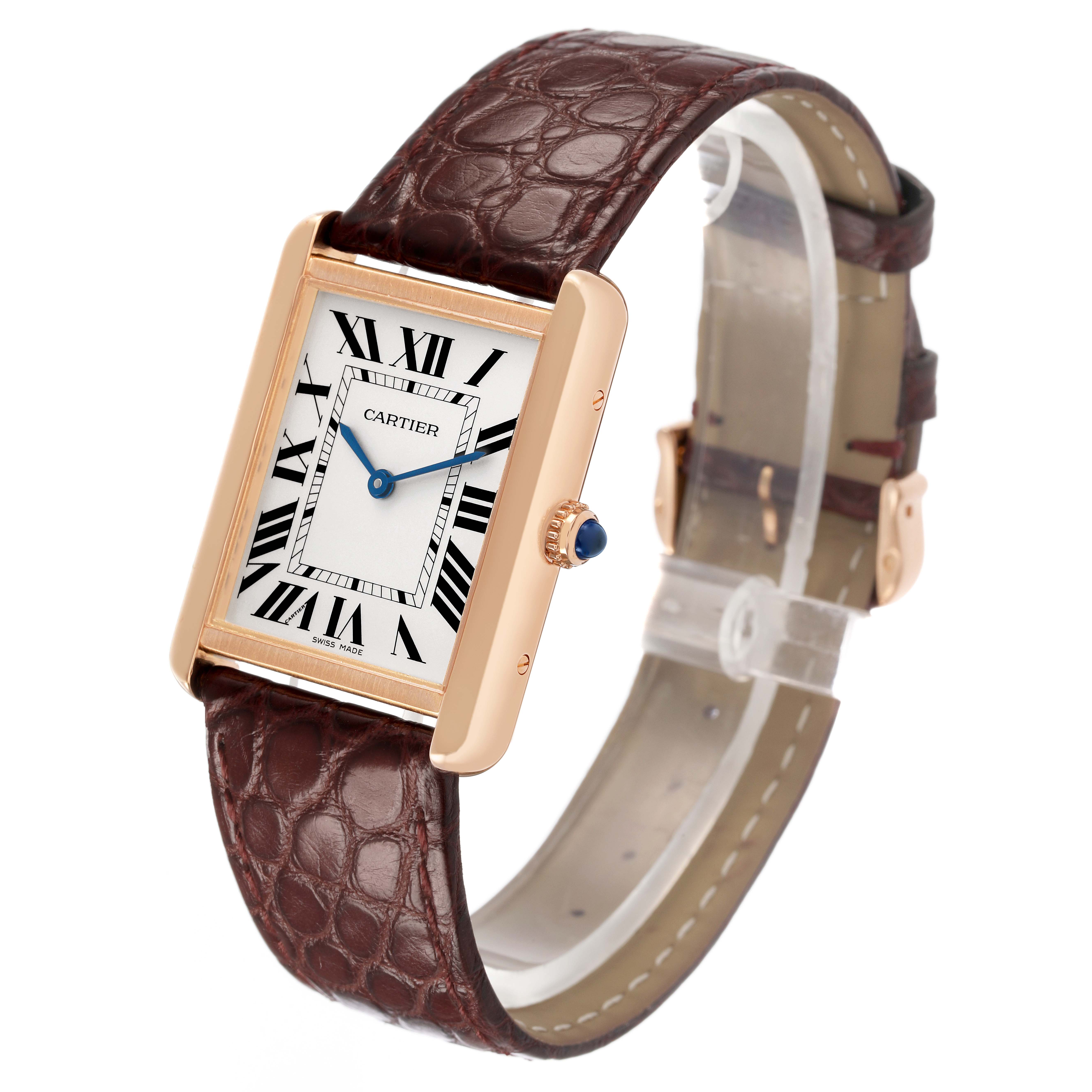 The Cartier Tank Solo W5200025 Men's Rose Gold Silver Dial watch is shown at a three-quarter angle, displaying the face, case, and leather strap.
