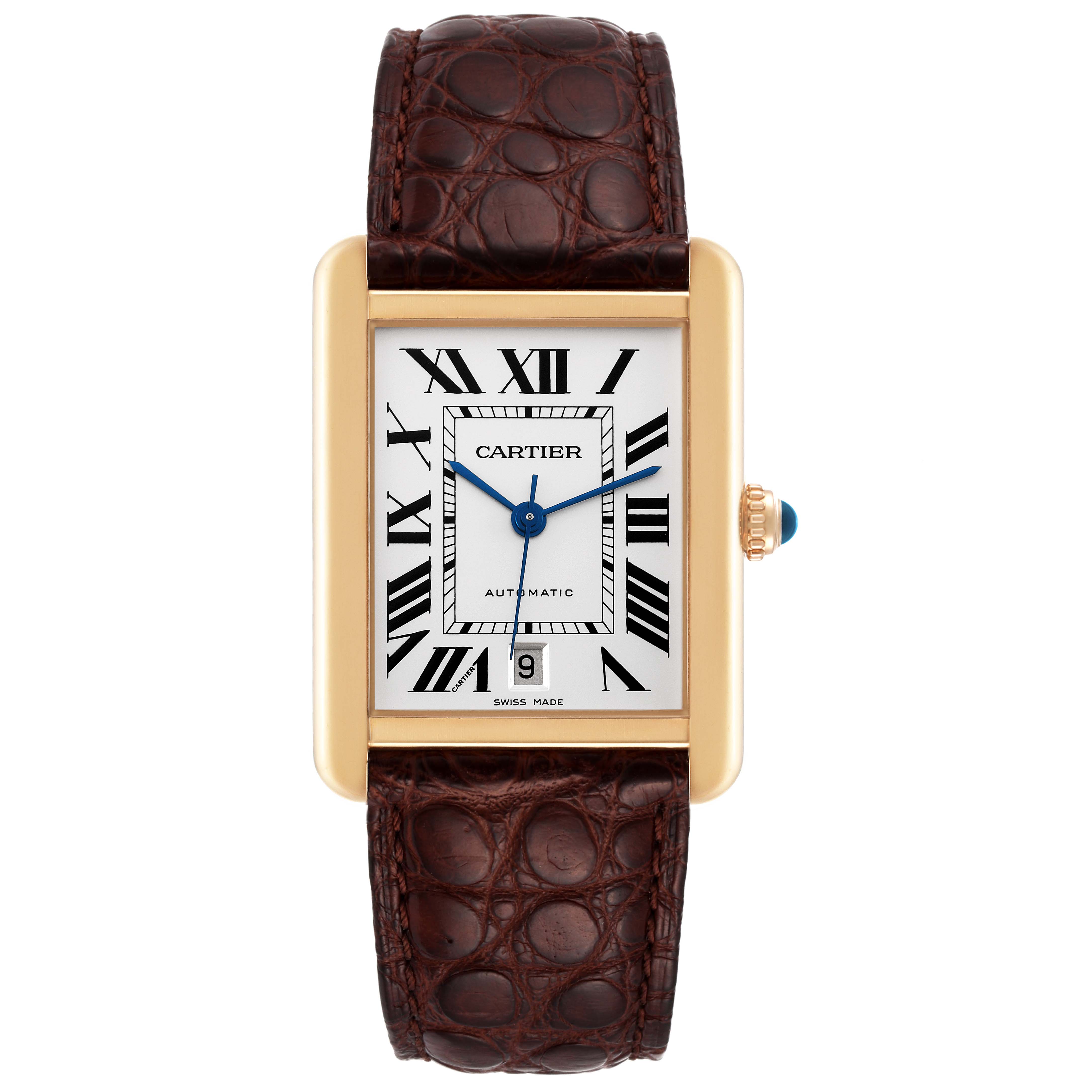 The image shows a frontal view of the Cartier Tank Solo W5200026 Men's Rose Gold Silver Dial W5200026 Men's Rose Gold Silver Dial watch displaying its dial, hands, case, crown, and leather strap.