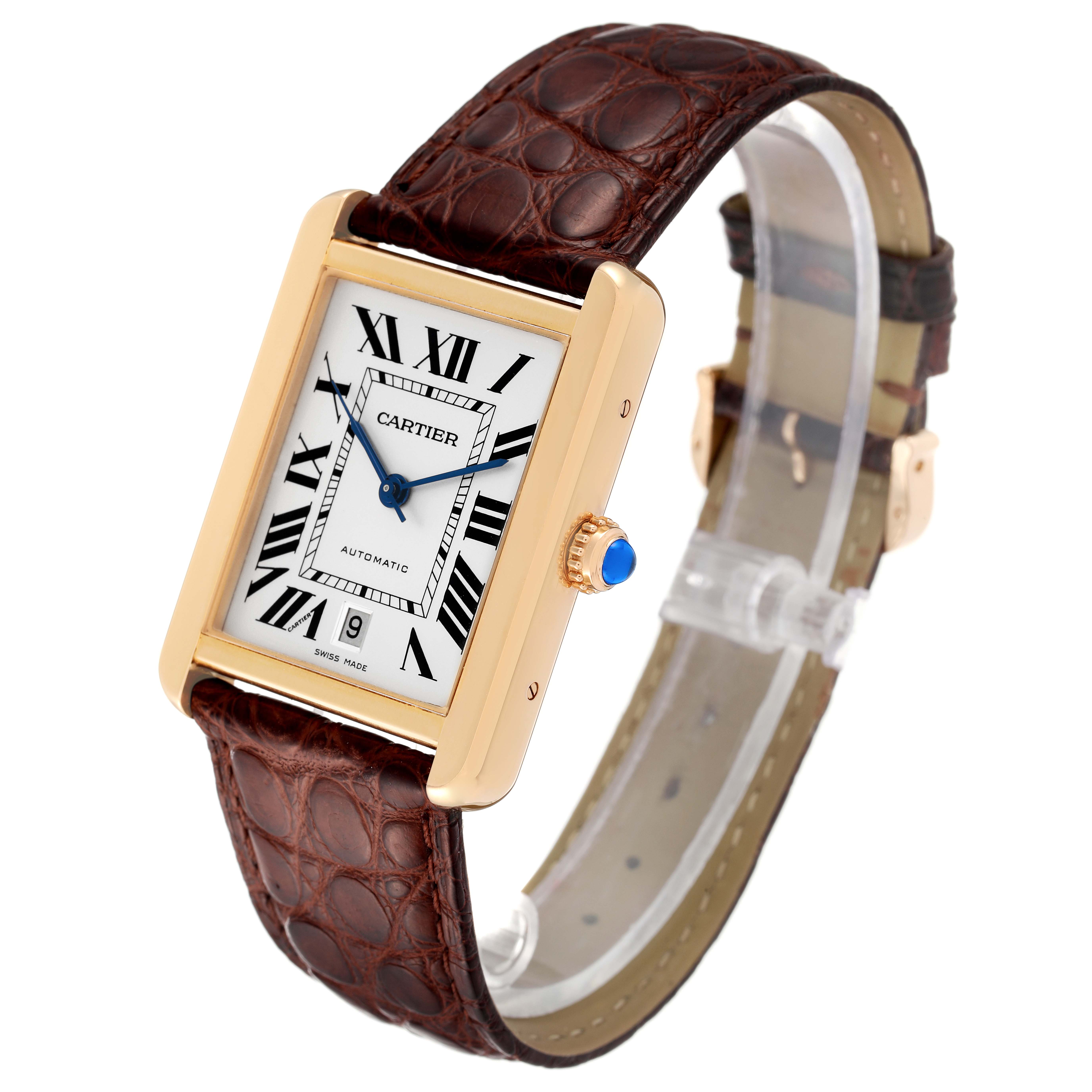 The Cartier Tank Solo W5200026 Men's Rose Gold Silver Dial W5200026 Men's Rose Gold Silver Dial watch is shown at a slight angle, displaying the face, strap, and blue crown.