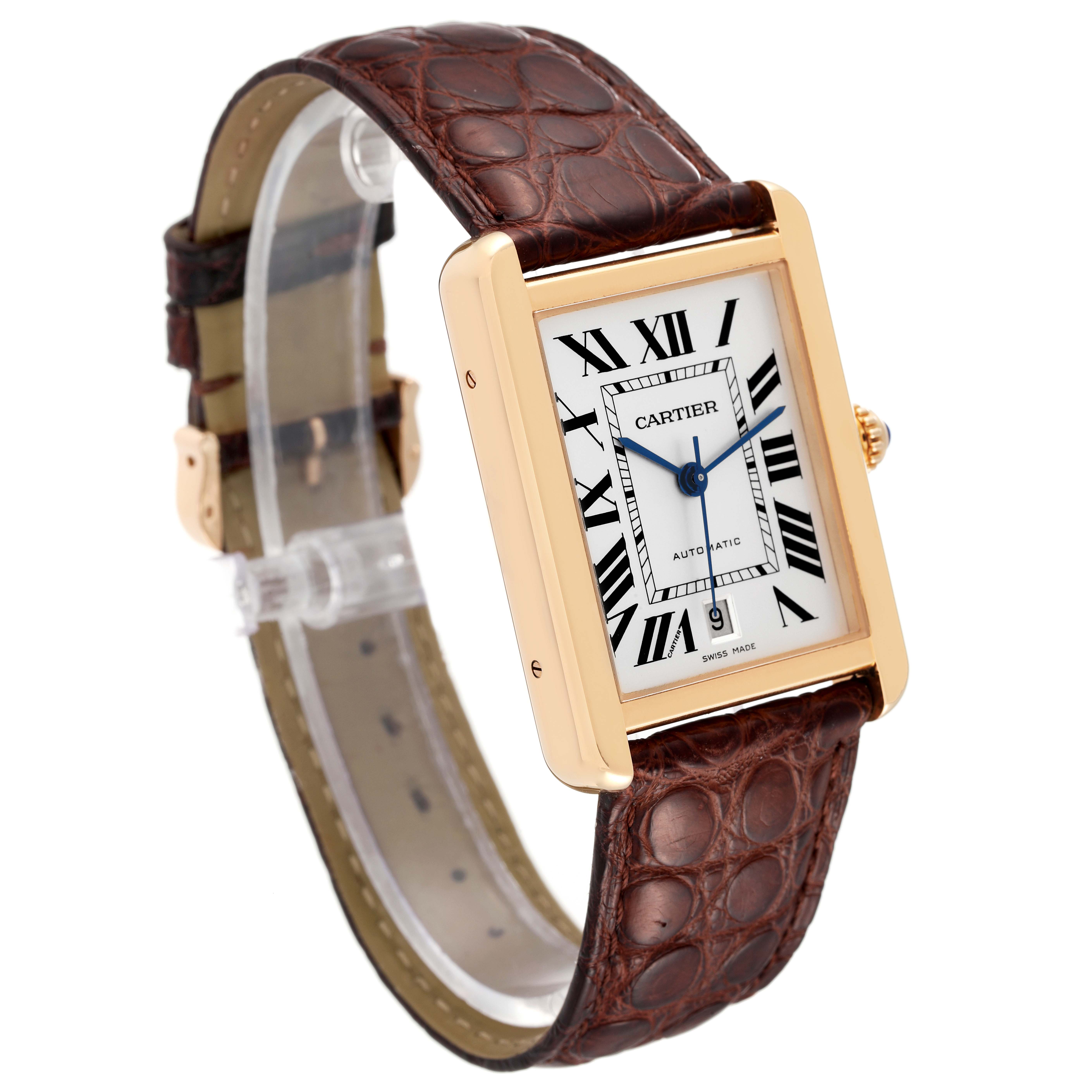 The image shows a Cartier Tank Solo W5200026 Men's Rose Gold Silver Dial W5200026 Men's Rose Gold Silver Dial watch at an angle, displaying its rectangular face, Roman numerals, and brown leather strap.