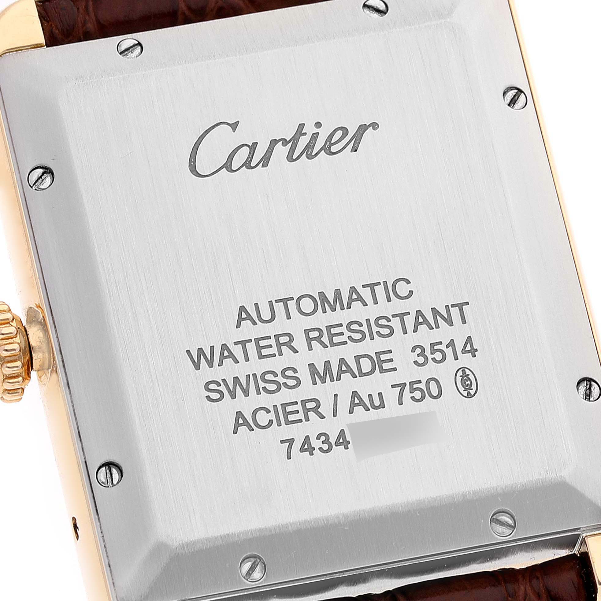 The image shows the back case of a Tank Solo watch by Cartier, highlighting brand engraving and technical specifications.