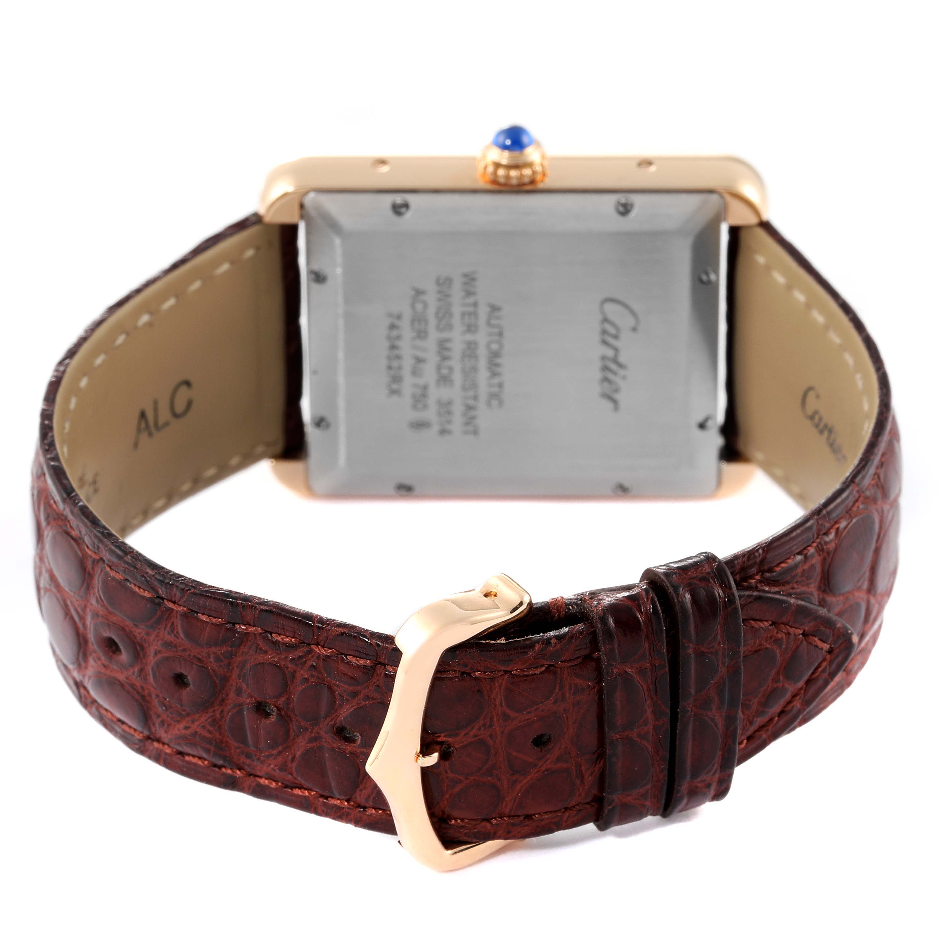 The image shows the back of a Cartier Tank Solo W5200026 Men's Rose Gold Silver Dial W5200026 Men's Rose Gold Silver Dial watch, including its case, buckle, and strap.