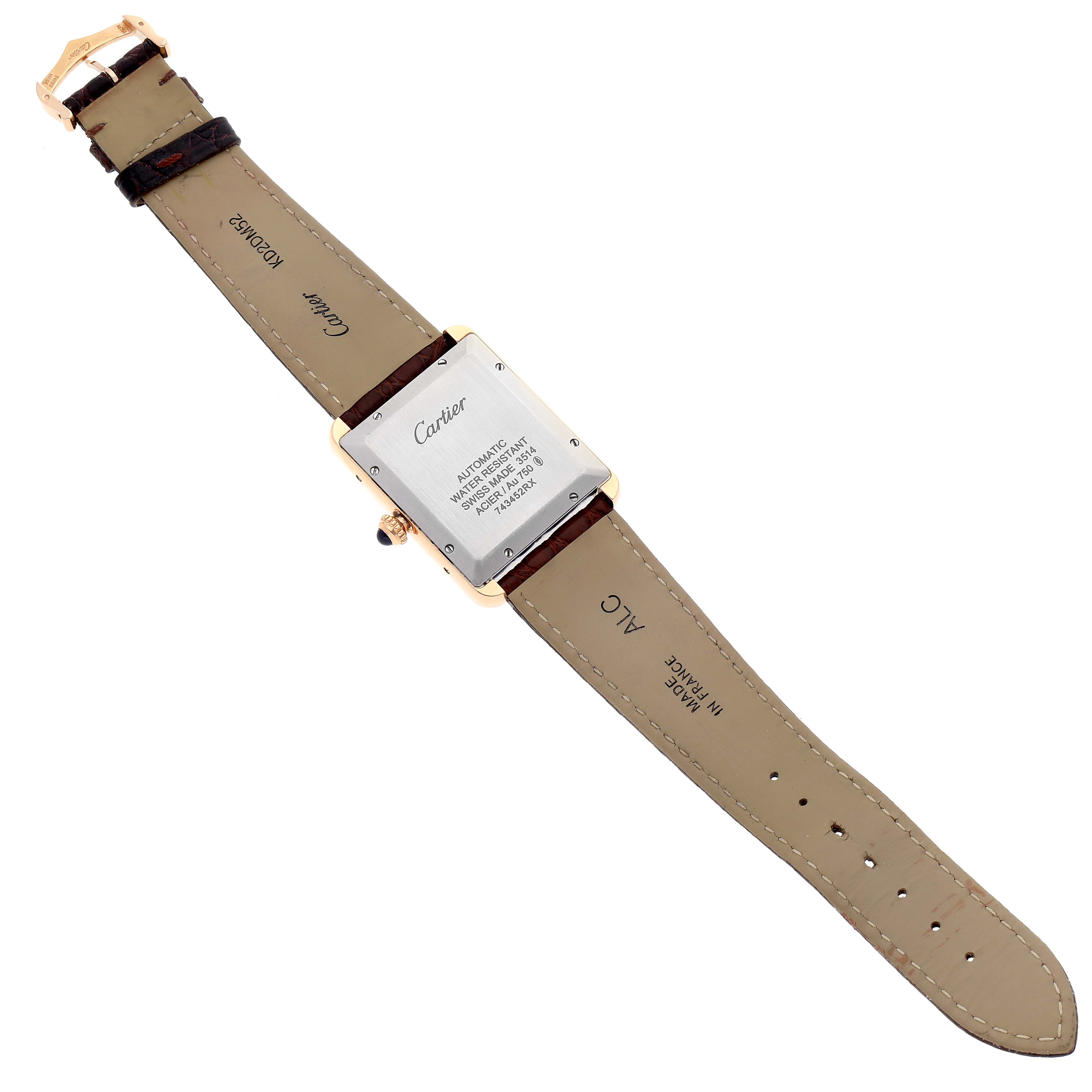 The image shows the back view of a Cartier Tank Solo W5200026 Men's Rose Gold Silver Dial W5200026 Men's Rose Gold Silver Dial watch, displaying the strap and case back details.