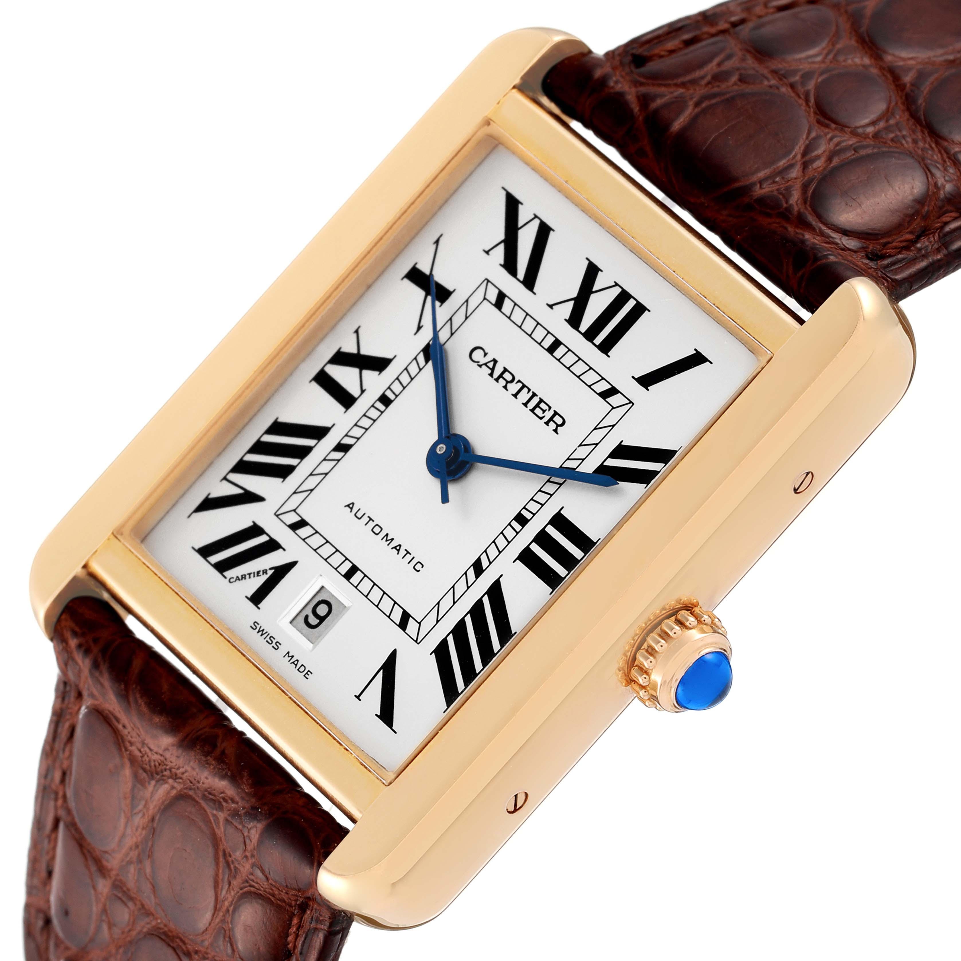 The Cartier Tank Solo W5200026 Men's Rose Gold Silver Dial W5200026 Men's Rose Gold Silver Dial watch is shown at an angle highlighting its rectangular face, brown leather strap, and blue cabochon crown.