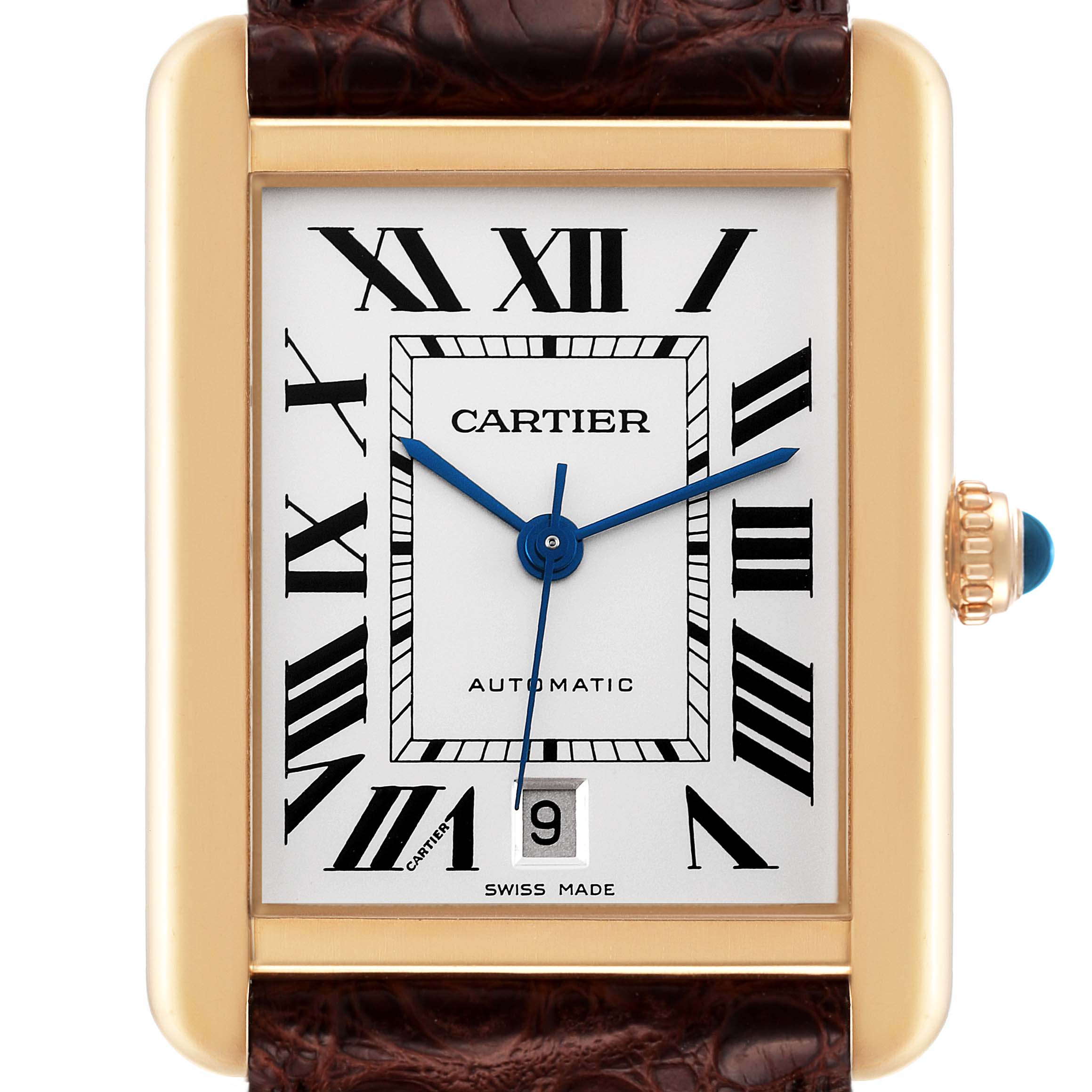 This is a close-up front view of the Cartier Tank Solo W5200026 Men's Rose Gold Silver Dial W5200026 Men's Rose Gold Silver Dial watch, showing the dial, hands, date window, and part of the strap.