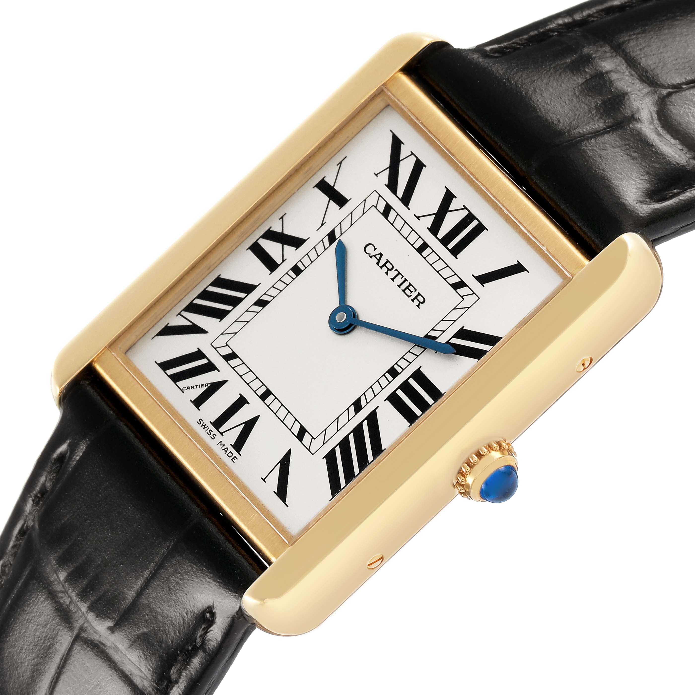 The Cartier Tank Solo W1018855 Men's Yellow Gold Silver Dial watch is shown at a slight angle, highlighting the gold case, black strap, and blue cabochon crown.