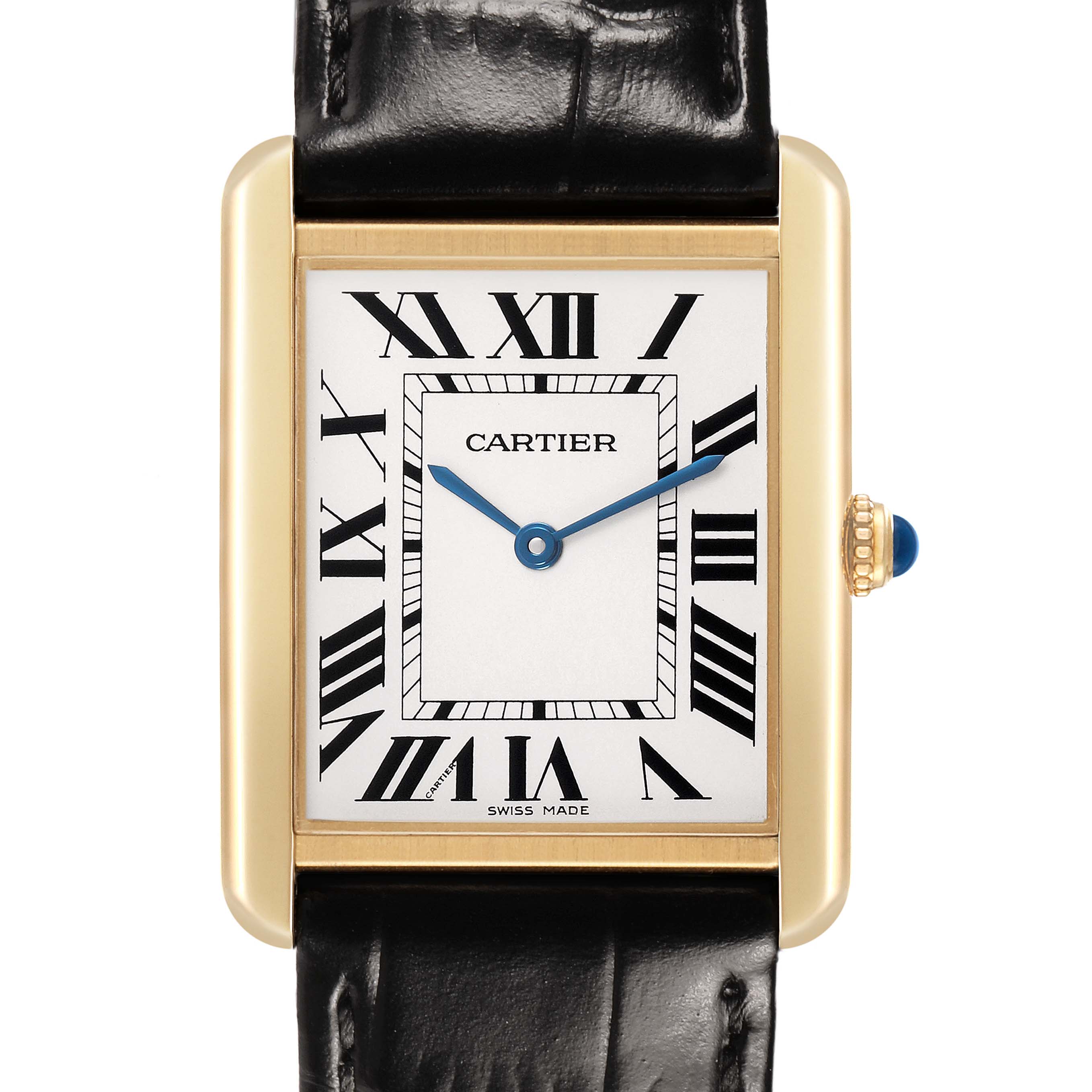 The Cartier Tank Solo W1018855 Men's Yellow Gold Silver Dial watch is shown from the front, highlighting its rectangular face, Roman numerals, and black leather strap.