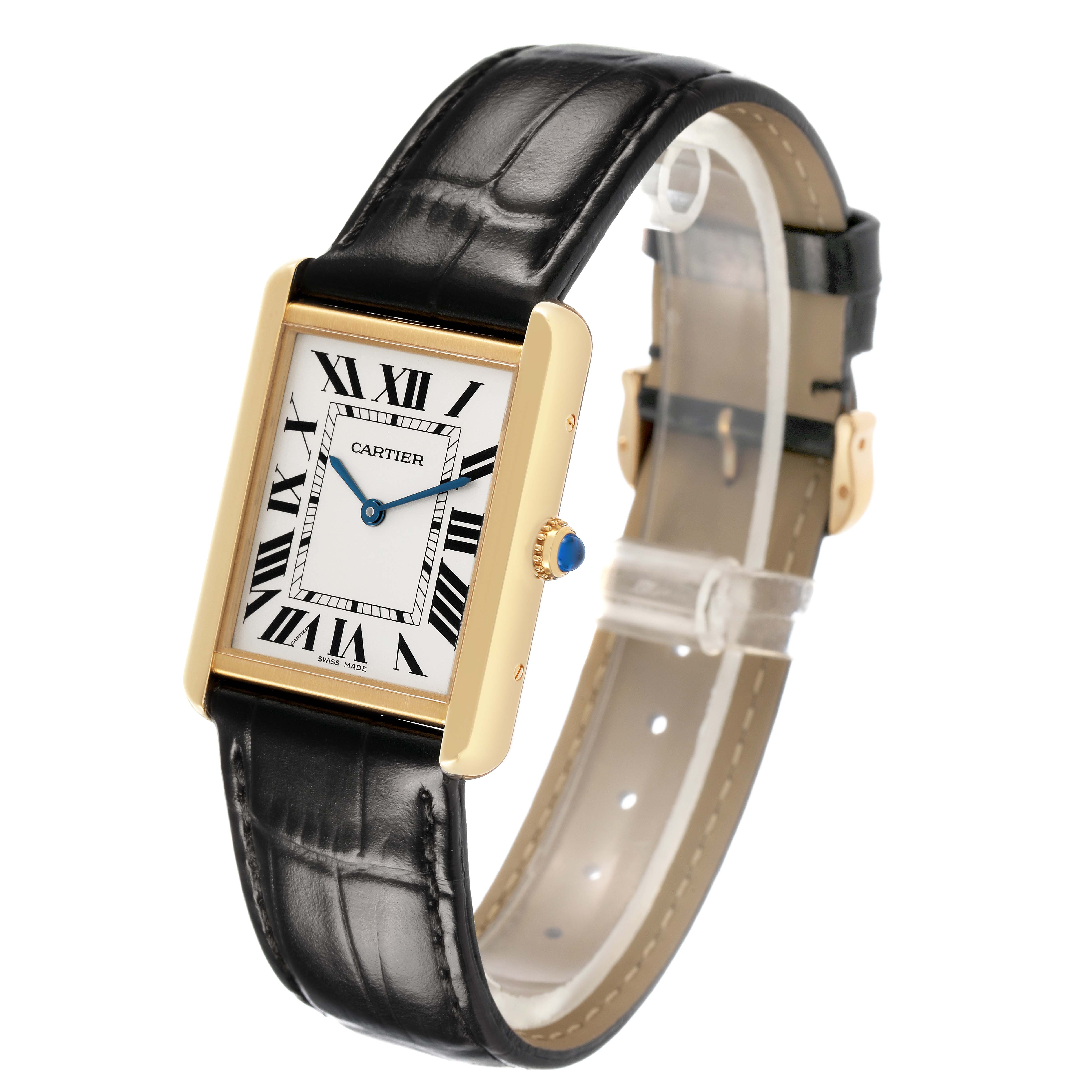 The Cartier Tank Solo W1018855 Men's Yellow Gold Silver Dial watch is shown at a three-quarter angle, displaying its face, bezel, crown, and black leather strap.