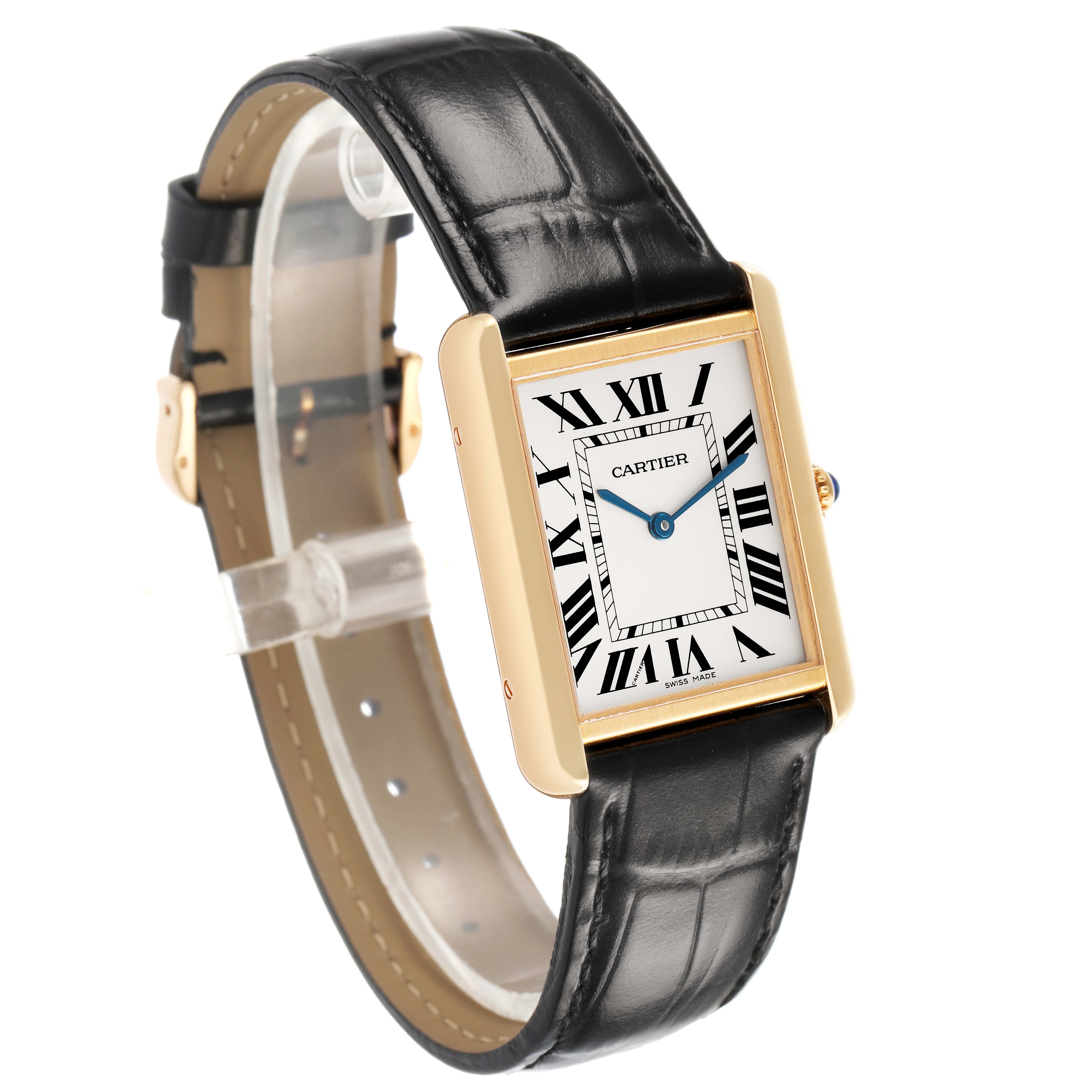 The Cartier Tank Solo W1018855 Men's Yellow Gold Silver Dial watch is shown at an angled side view, highlighting the face, Roman numerals, black strap, and gold case.