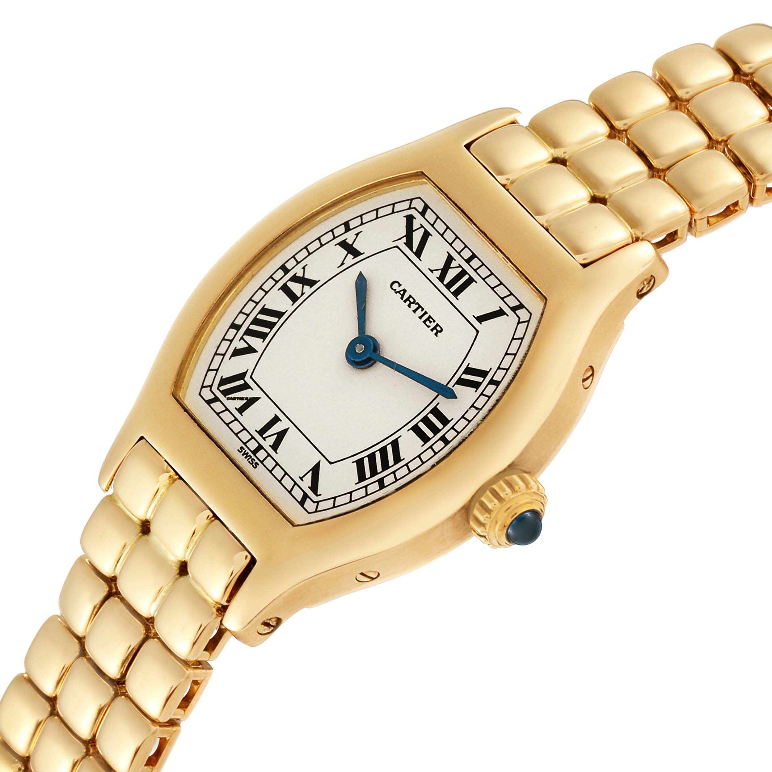 The image shows a Cartier Tortue Women's Yellow Gold Silver Dial Women's Yellow Gold Silver Dial watch, featuring its gold case, white dial with Roman numerals, and gold bracelet, viewed from an angled perspective.