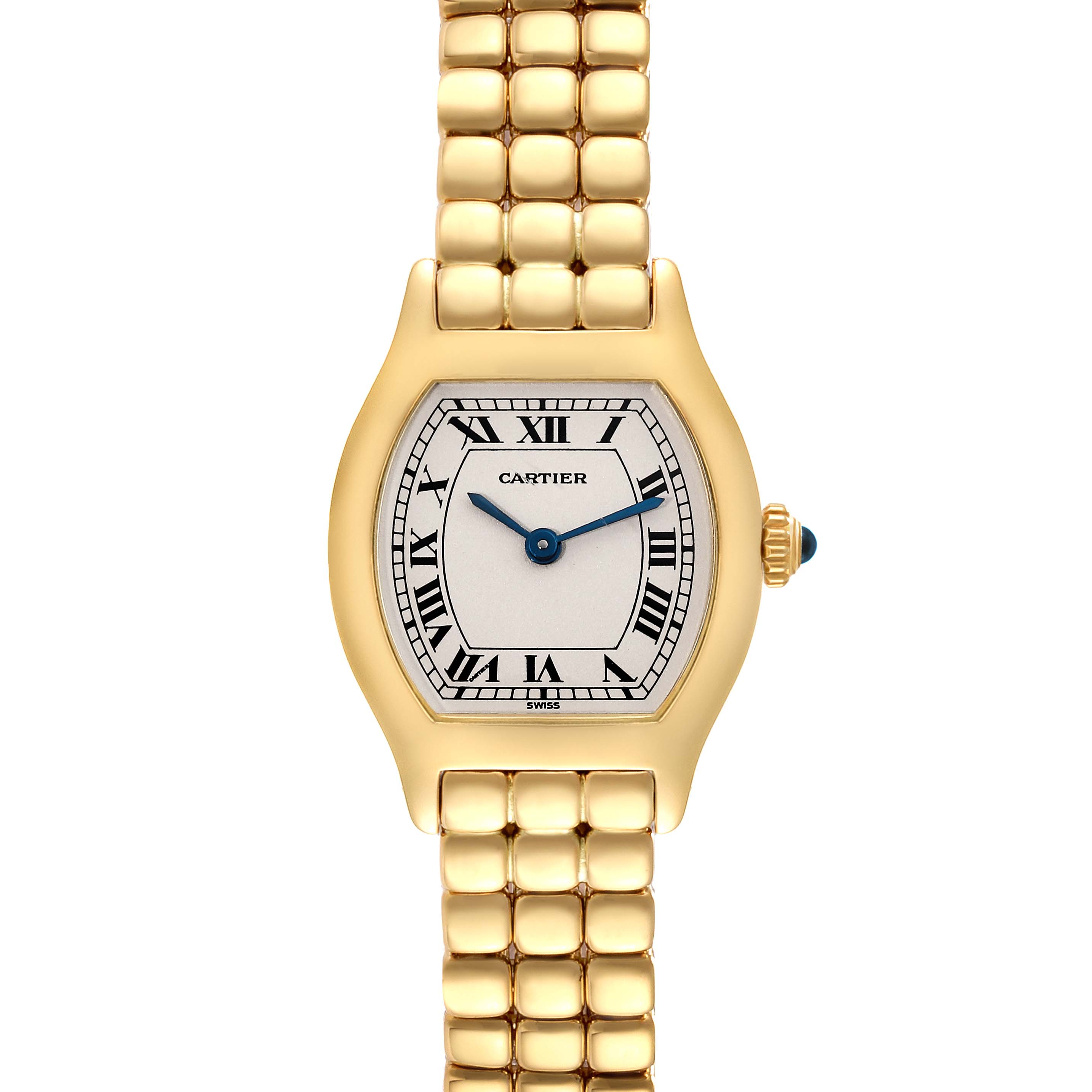 The image shows a Cartier Tortue Women's Yellow Gold Silver Dial Women's Yellow Gold Silver Dial model watch from a top-down angle, displaying the face, bracelet, and crown.