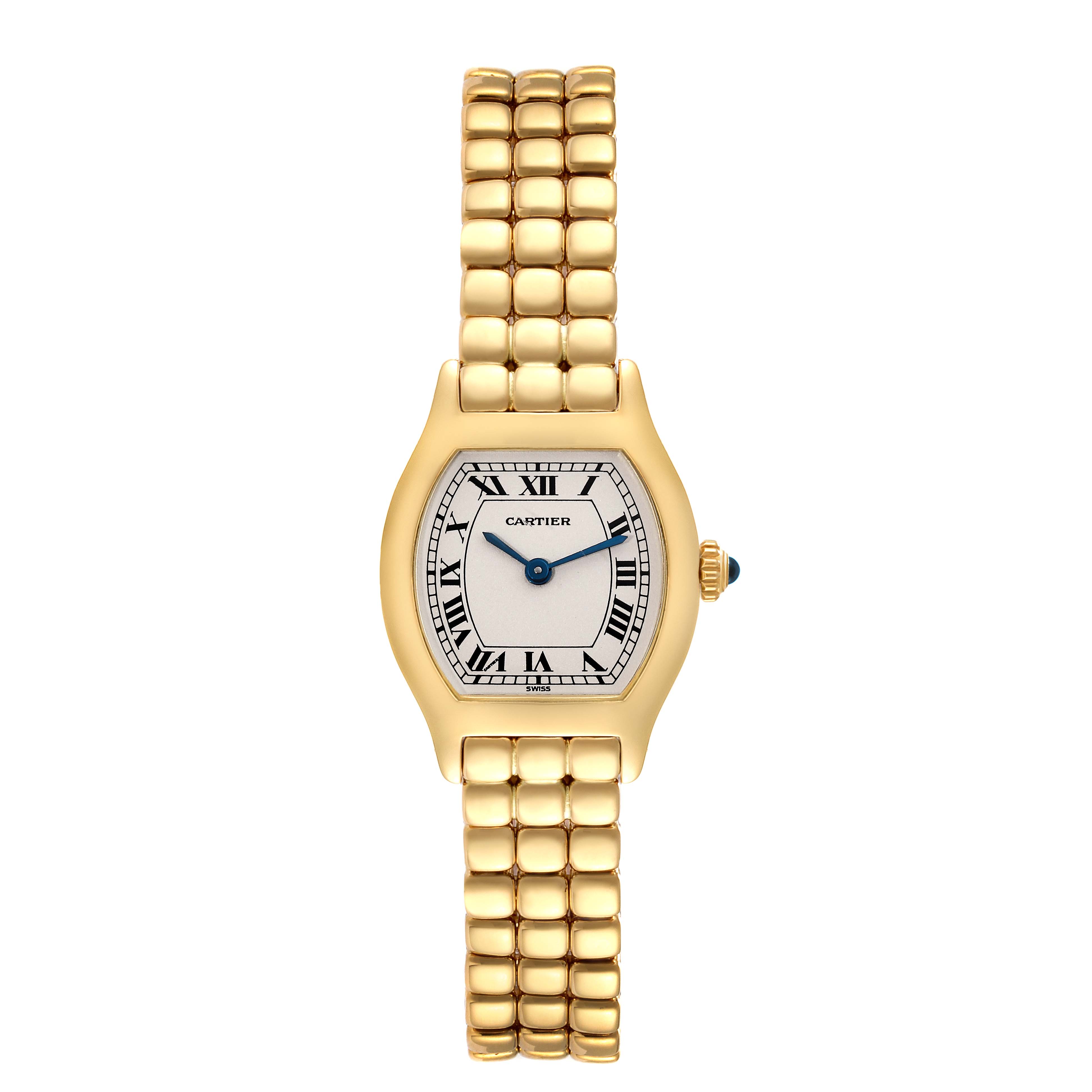The Cartier Tortue Women's Yellow Gold Silver Dial Women's Yellow Gold Silver Dial model watch is shown from a front angle, displaying its gold bracelet, white dial, Roman numerals, and blue hands.