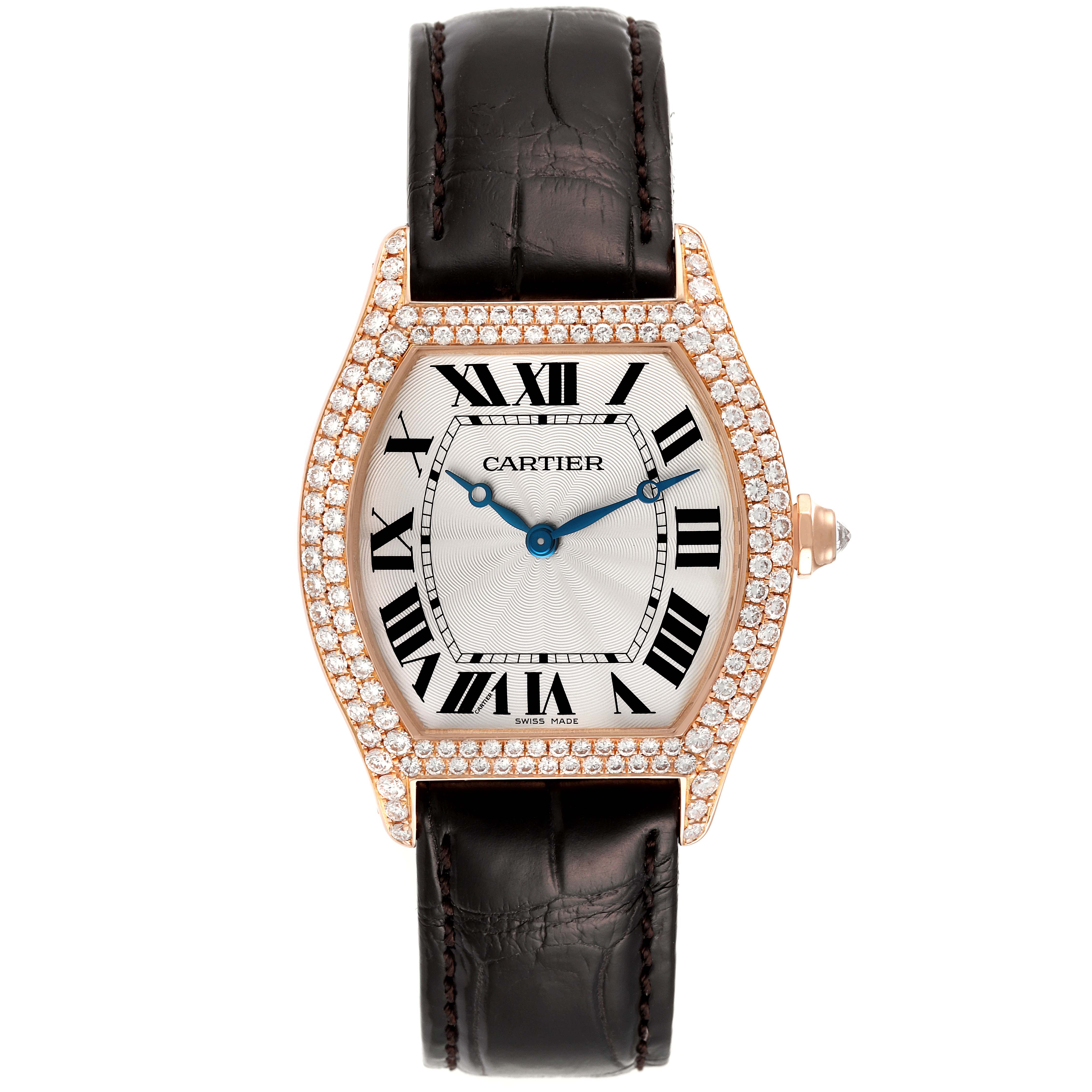This image shows a front view of the Cartier Tortue WA503751 Men's Rose Gold Silver Dial WA503751 Men's Rose Gold Silver Dial watch, featuring a diamond-encrusted bezel and a leather strap.