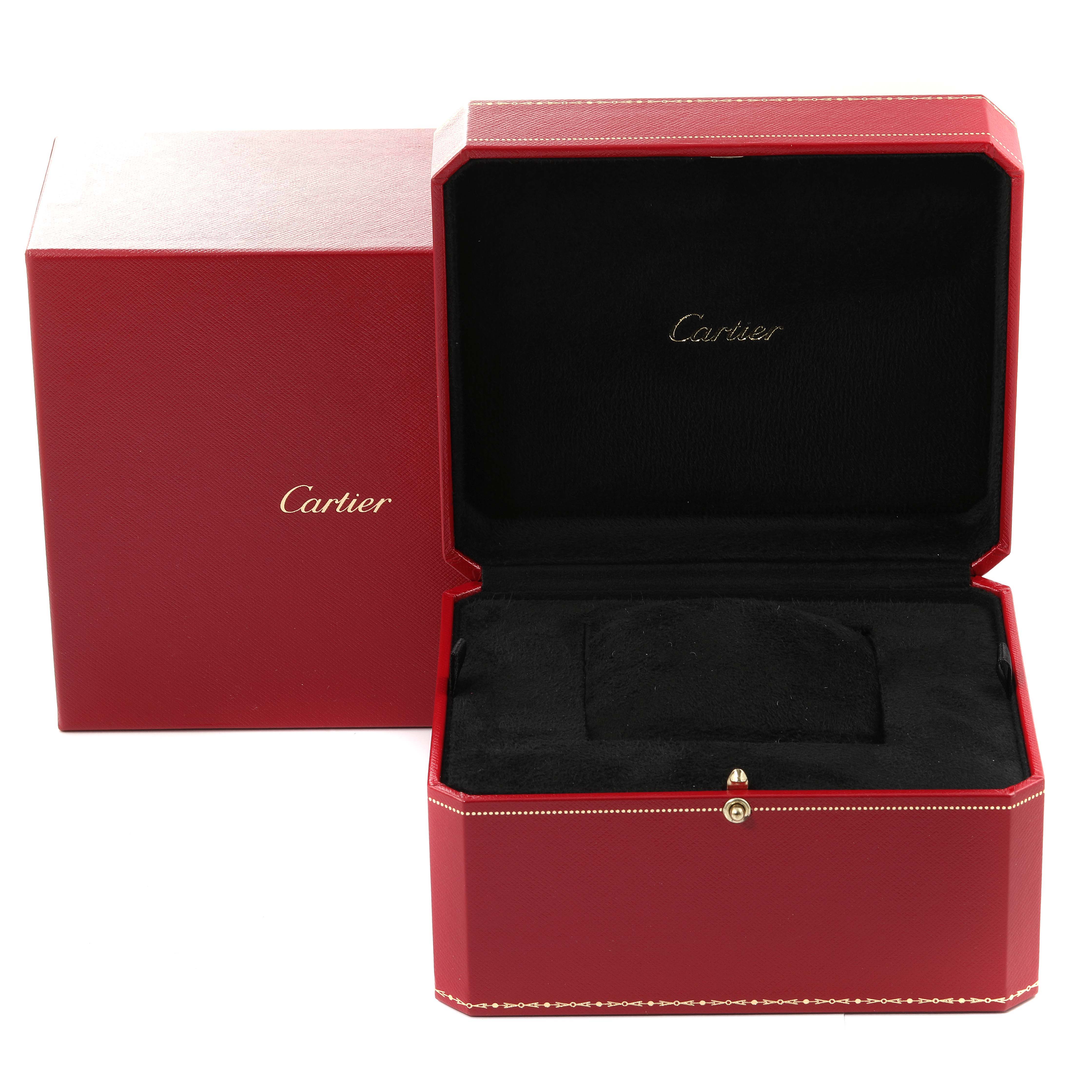 The image shows an open Cartier Tortue WA503751 Men's Rose Gold Silver Dial WA503751 Men's Rose Gold Silver Dial watch box and an outer red box with the Cartier logo.