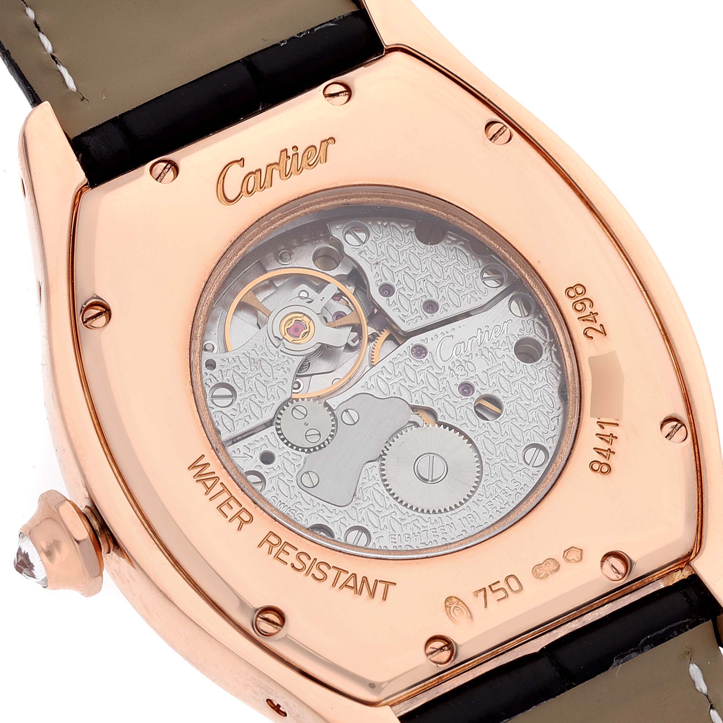 The image shows the back view of the Cartier Tortue WA503751 Men's Rose Gold Silver Dial WA503751 Men's Rose Gold Silver Dial model watch, revealing its movement and case details.