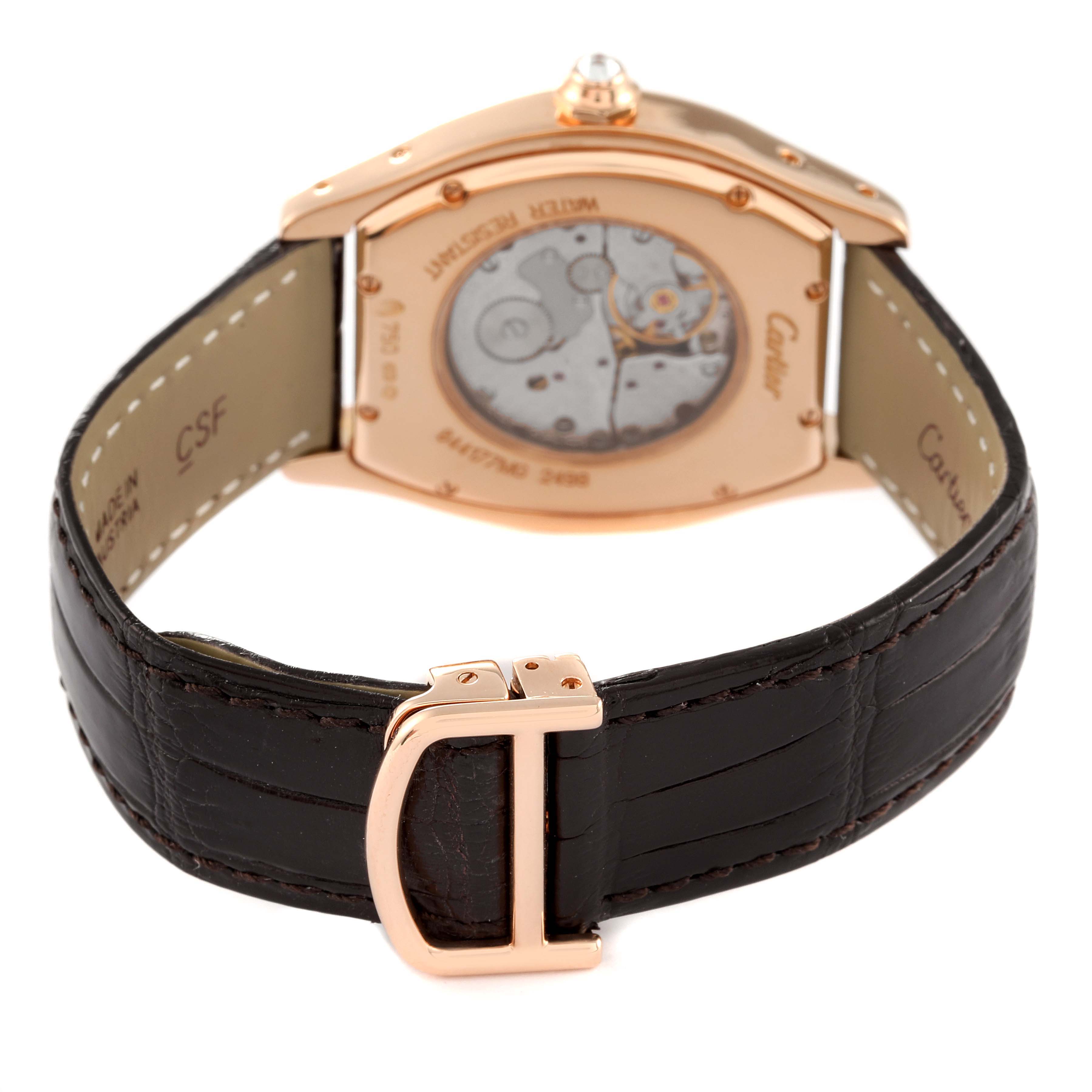 The image shows the back view of a Cartier Tortue WA503751 Men's Rose Gold Silver Dial WA503751 Men's Rose Gold Silver Dial watch, showcasing its movement and black leather strap with a rose gold clasp.